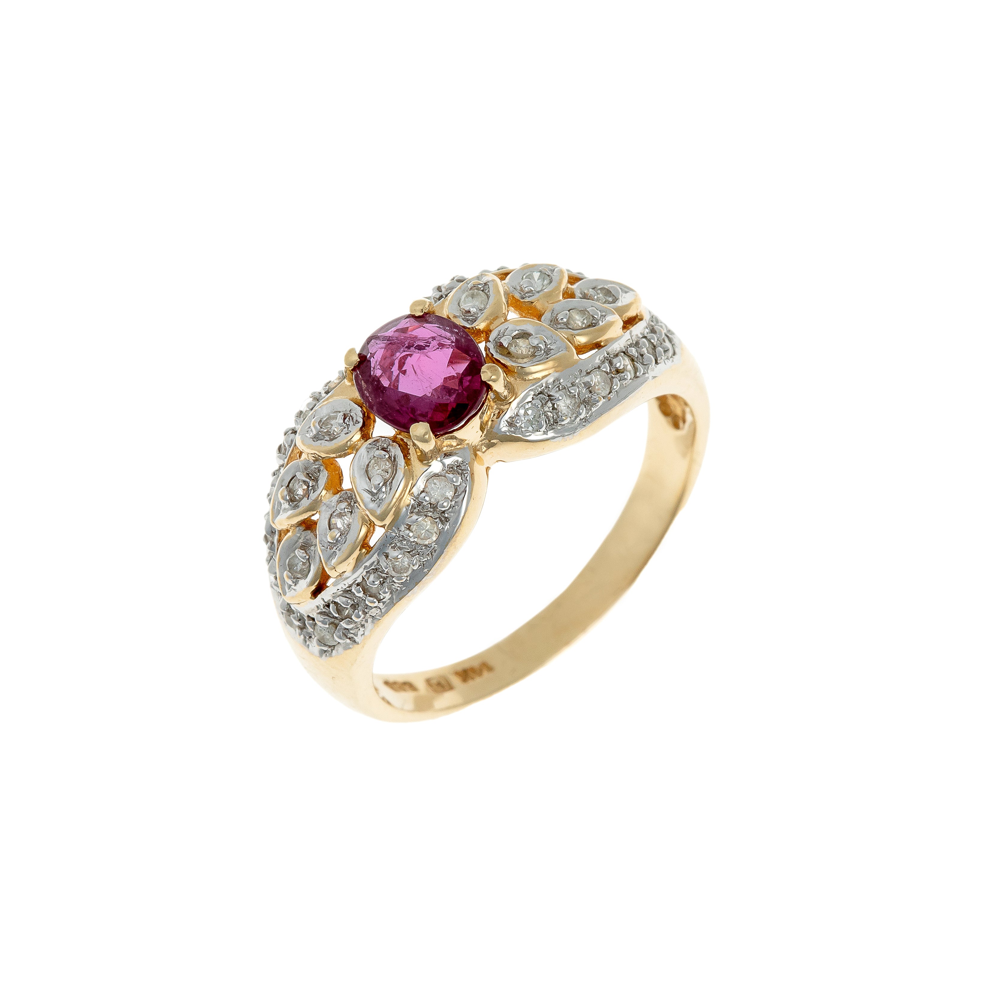 Vintage contemporary 14k gold cocktail ring with oval ruby and floral diamond cluster.