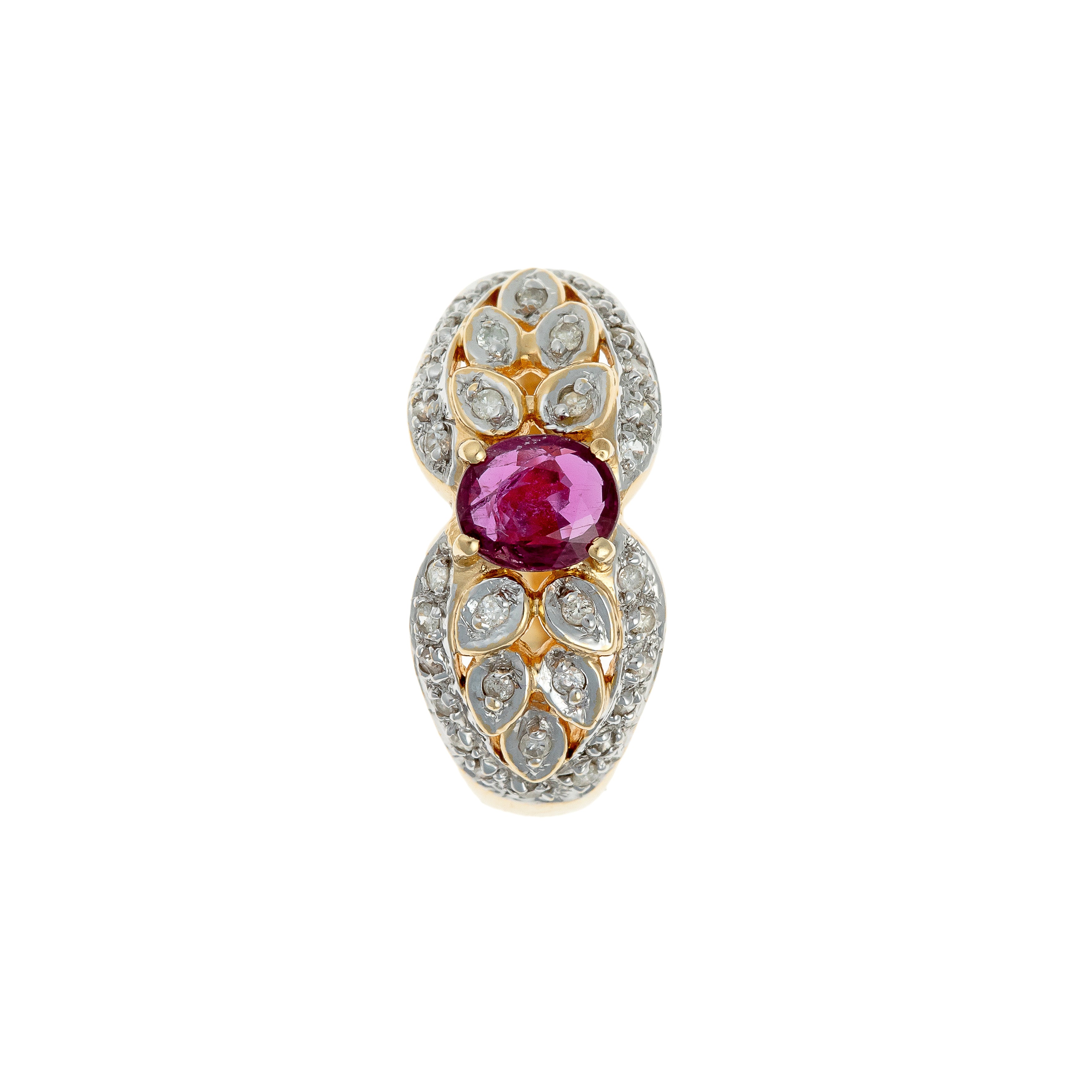 Top view of the 14k gold ring with oval ruby and floral diamond cluster in a raised setting.