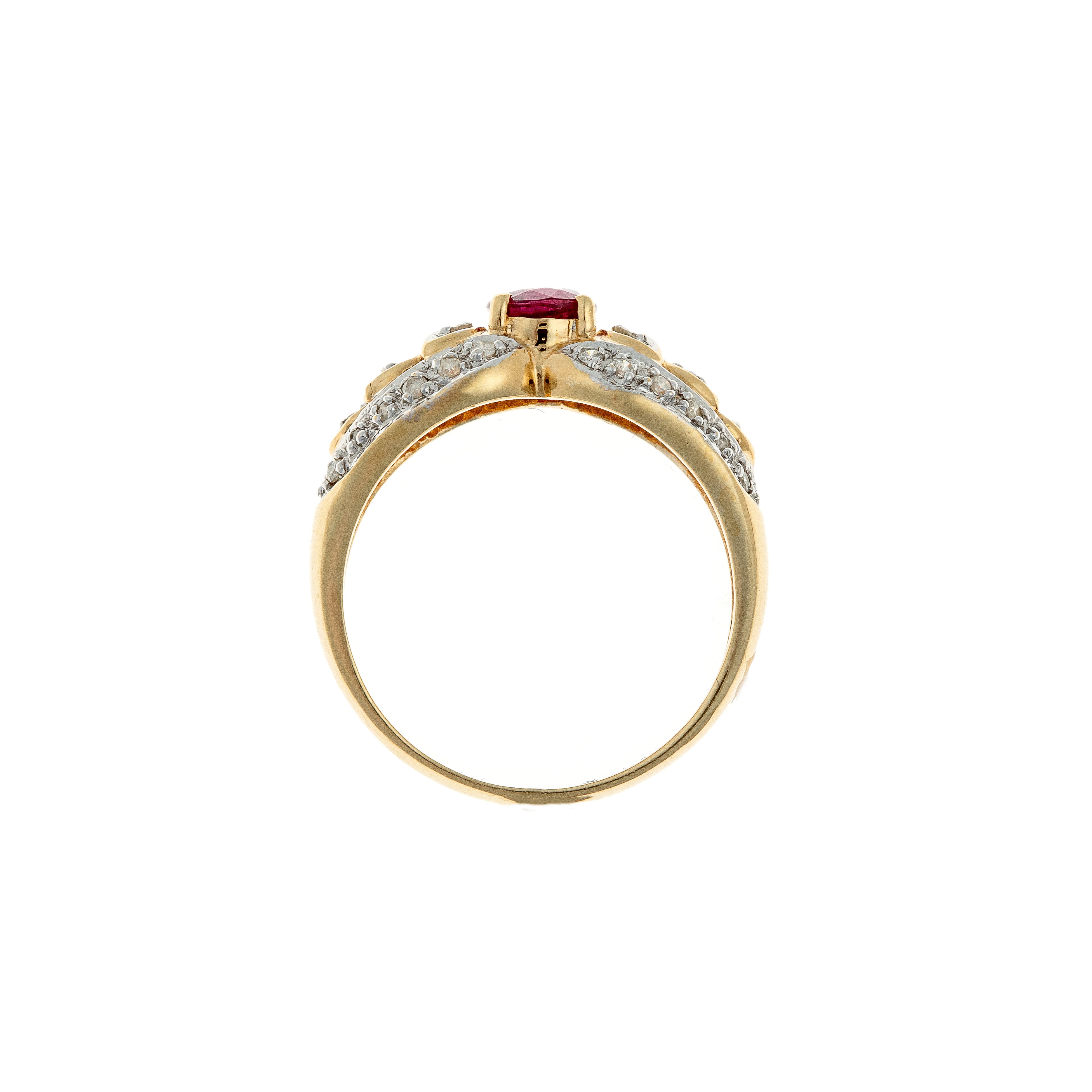 Ring profile revealing prong-set ruby and diamond-studded shoulders.