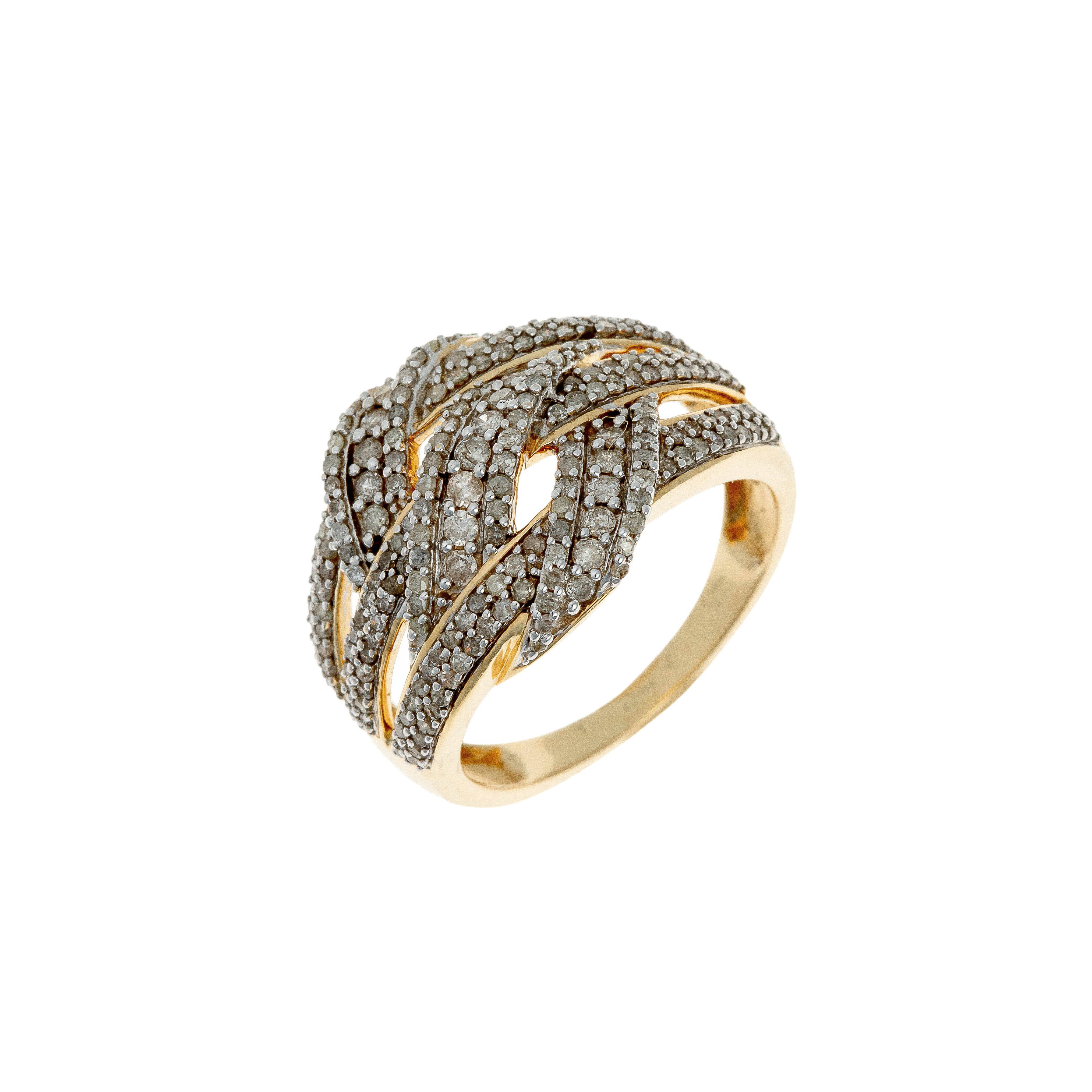 Angled view of French 14k gold woven ring fully pavé-set with 213 diamonds.