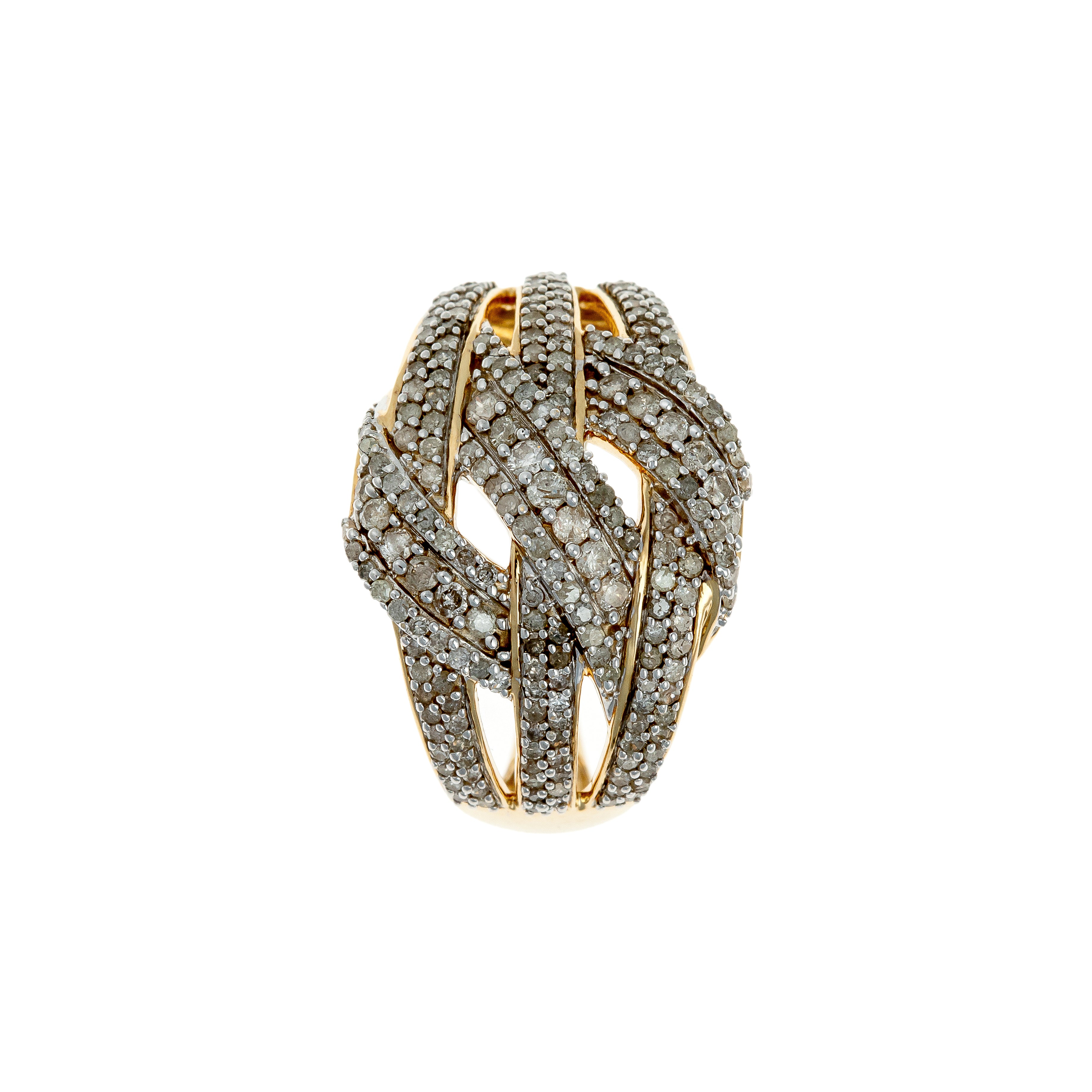 Vintage French 14k gold woven cocktail ring fully pavé-set with 213 diamonds.