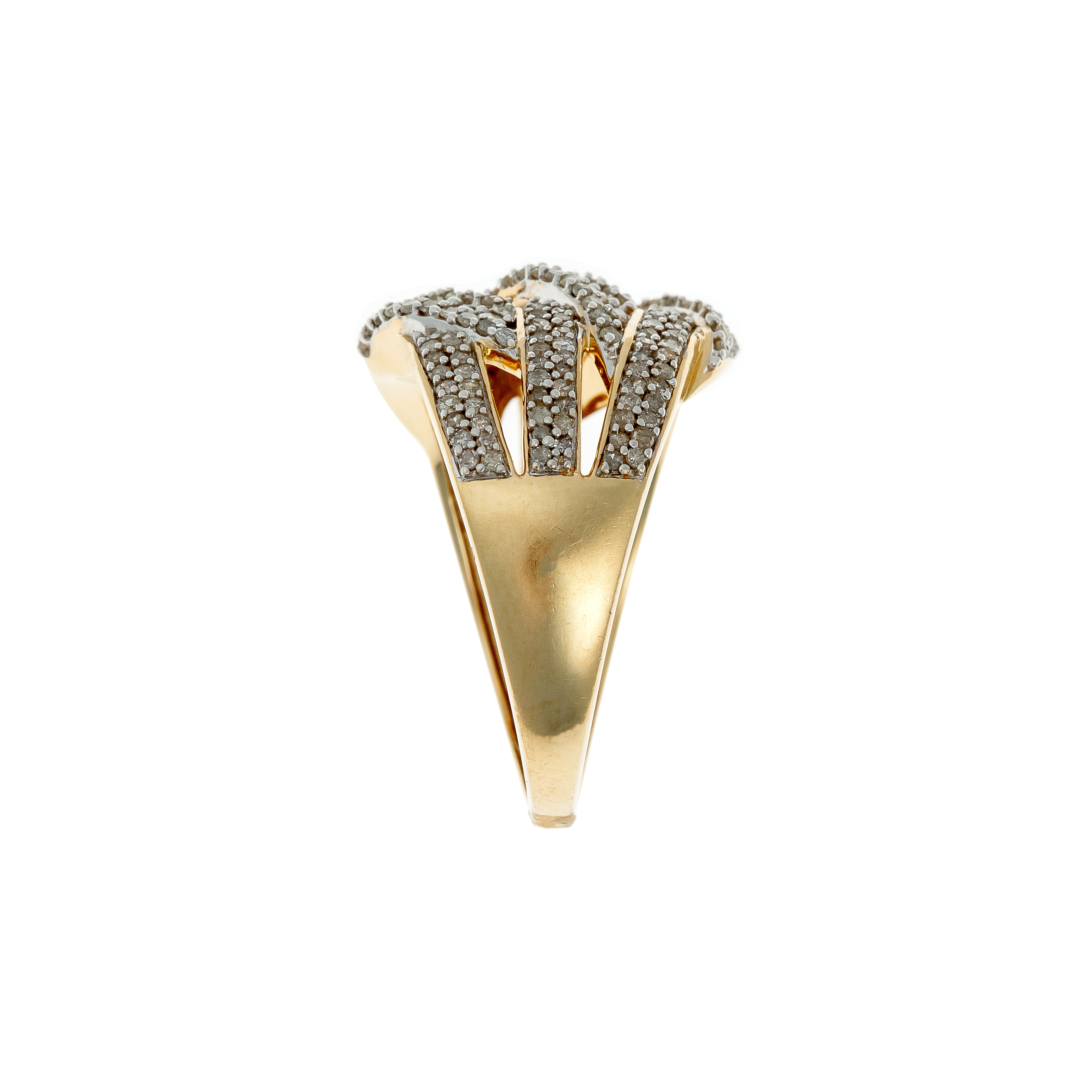 Side view revealing layered diamond rows and polished gold band structure.