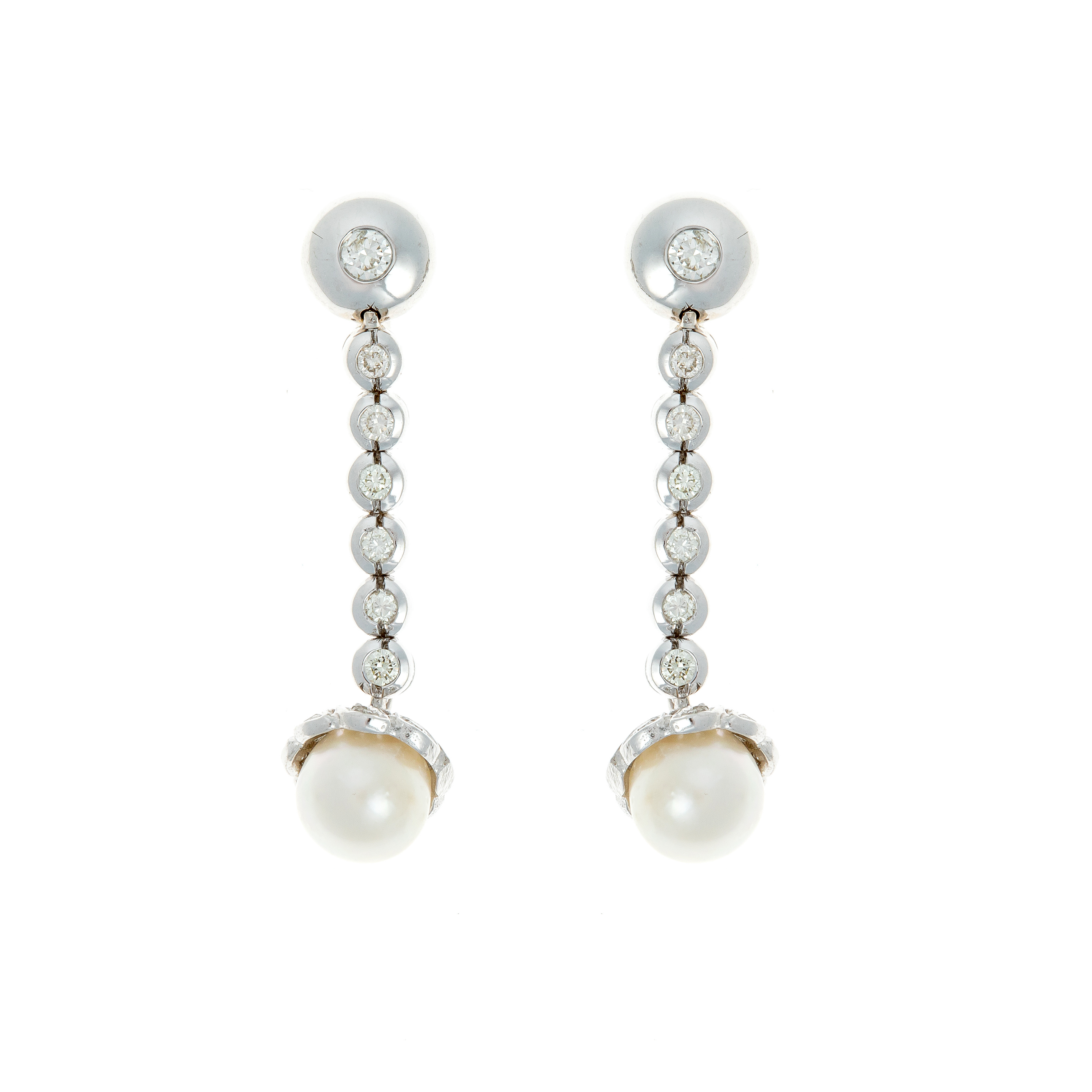 Front view of vintage 1970s white gold earrings with diamonds and Akoya pearls.