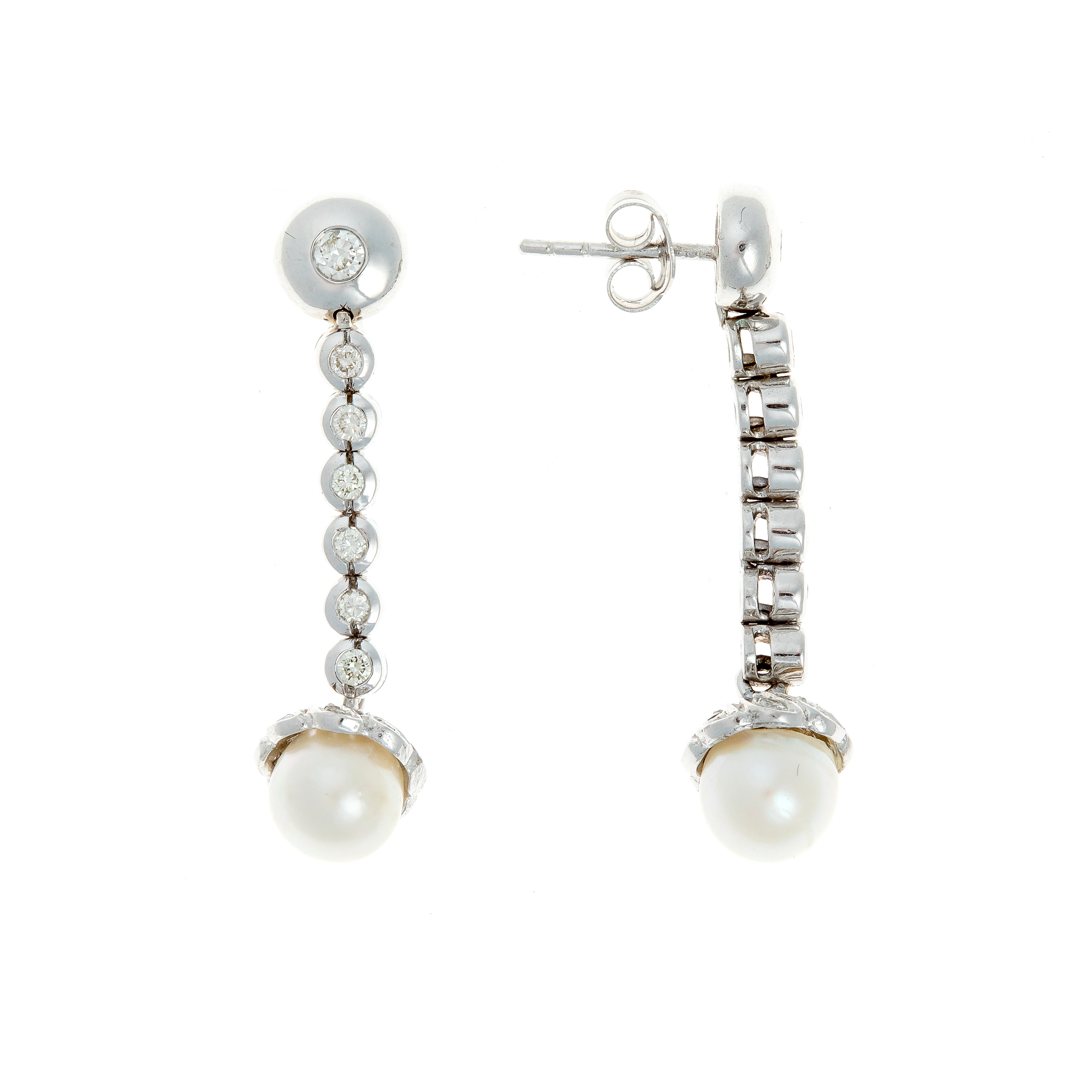 Side view of articulated white gold drop earrings with diamonds and Akoya pearls.