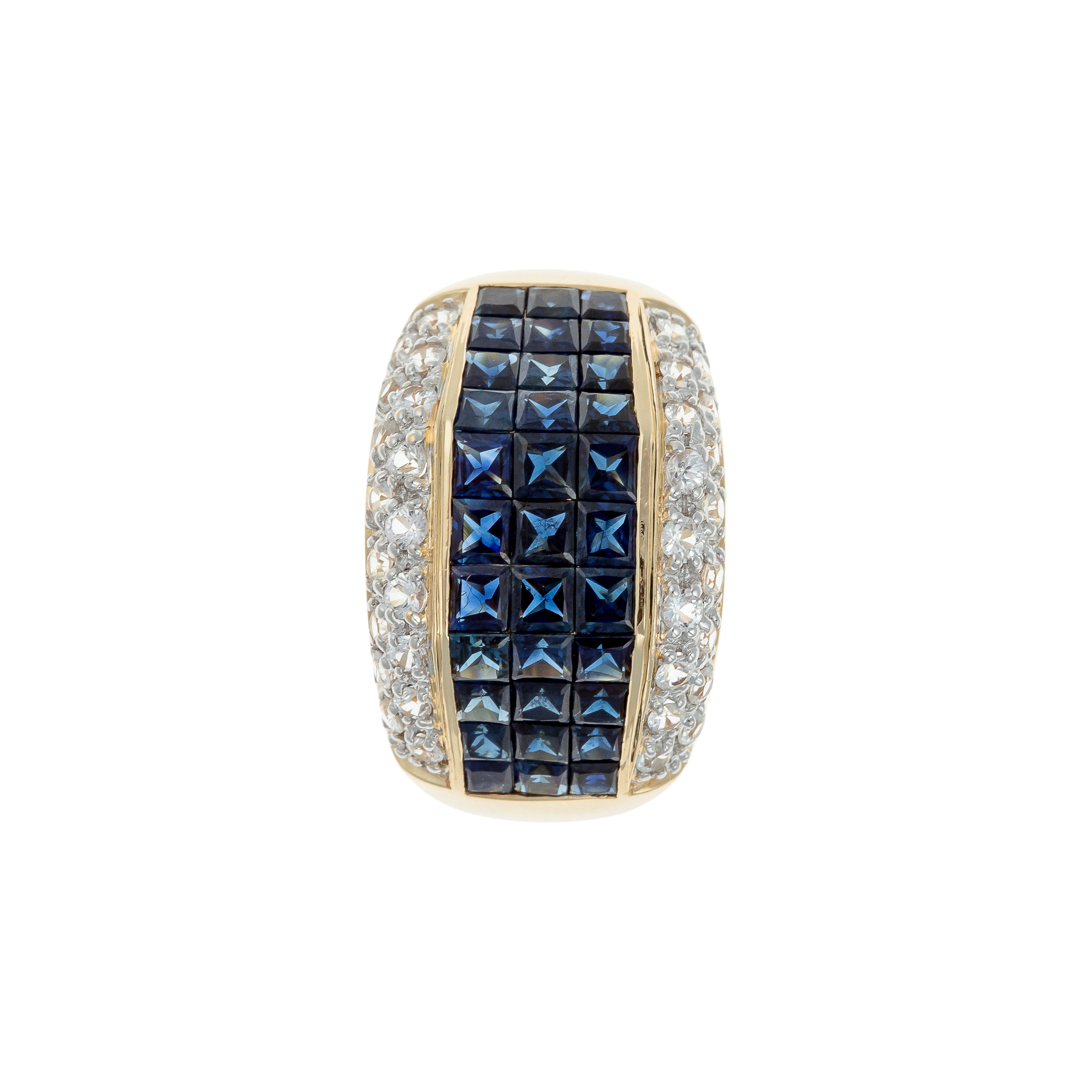 1980s French gold cocktail ring with blue and clear sapphires.