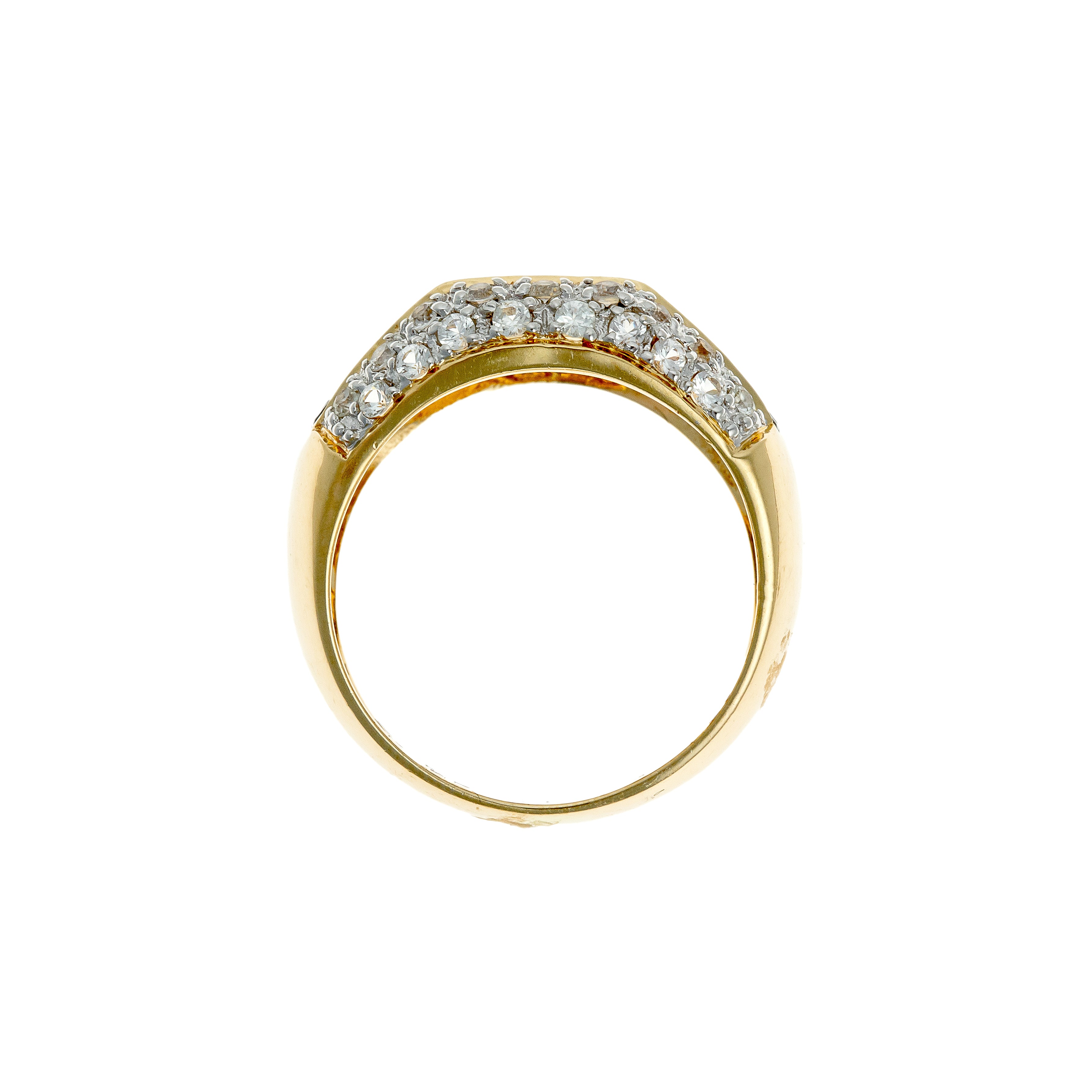 Profile of wide vintage French ring with square sapphires and pavé-setting details.
