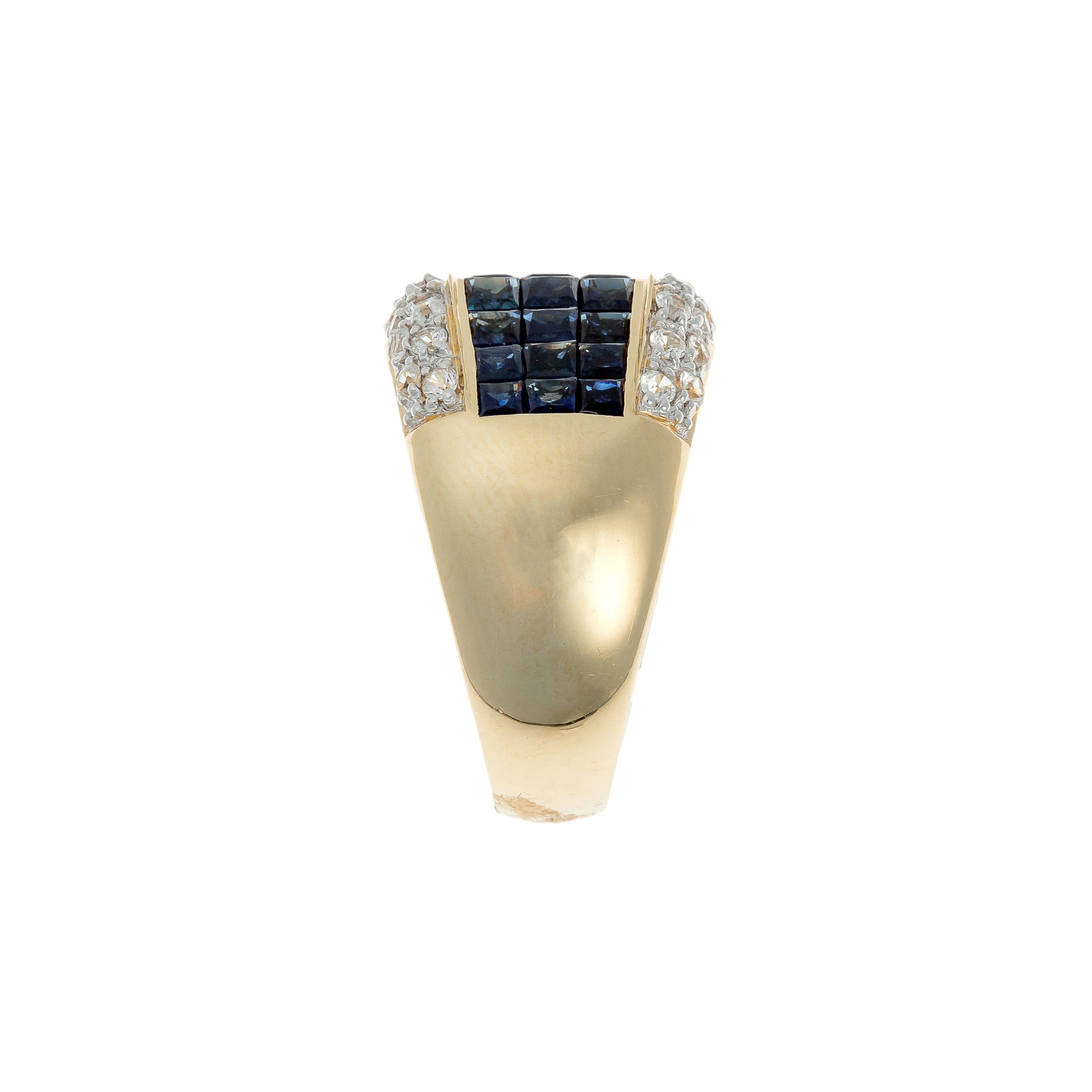 Side view showing the tapered gold band of sapphire cocktail ring.