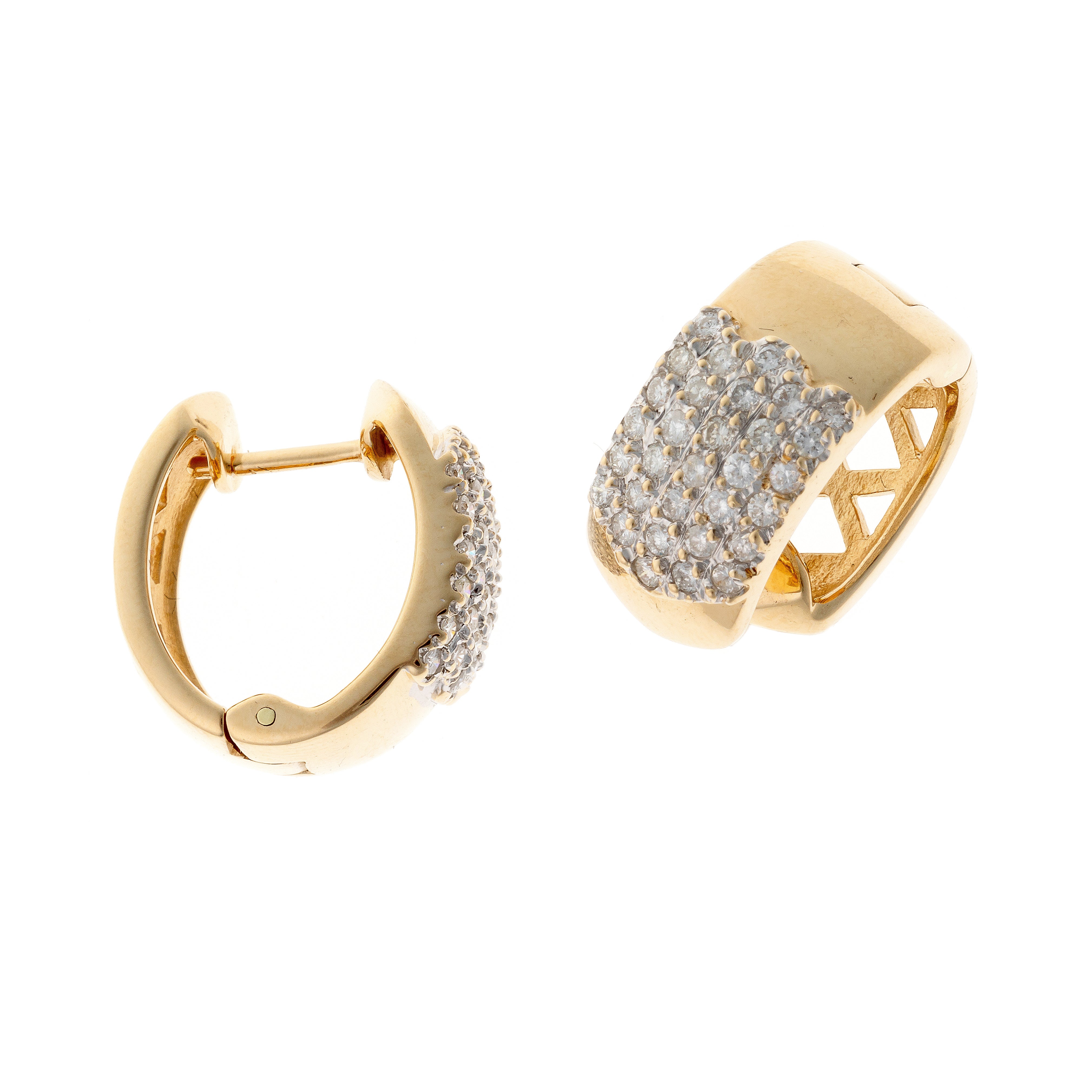 Side detail view of vintage gold hoop earrings with 62 brilliant-cut diamonds in wide architectural form.