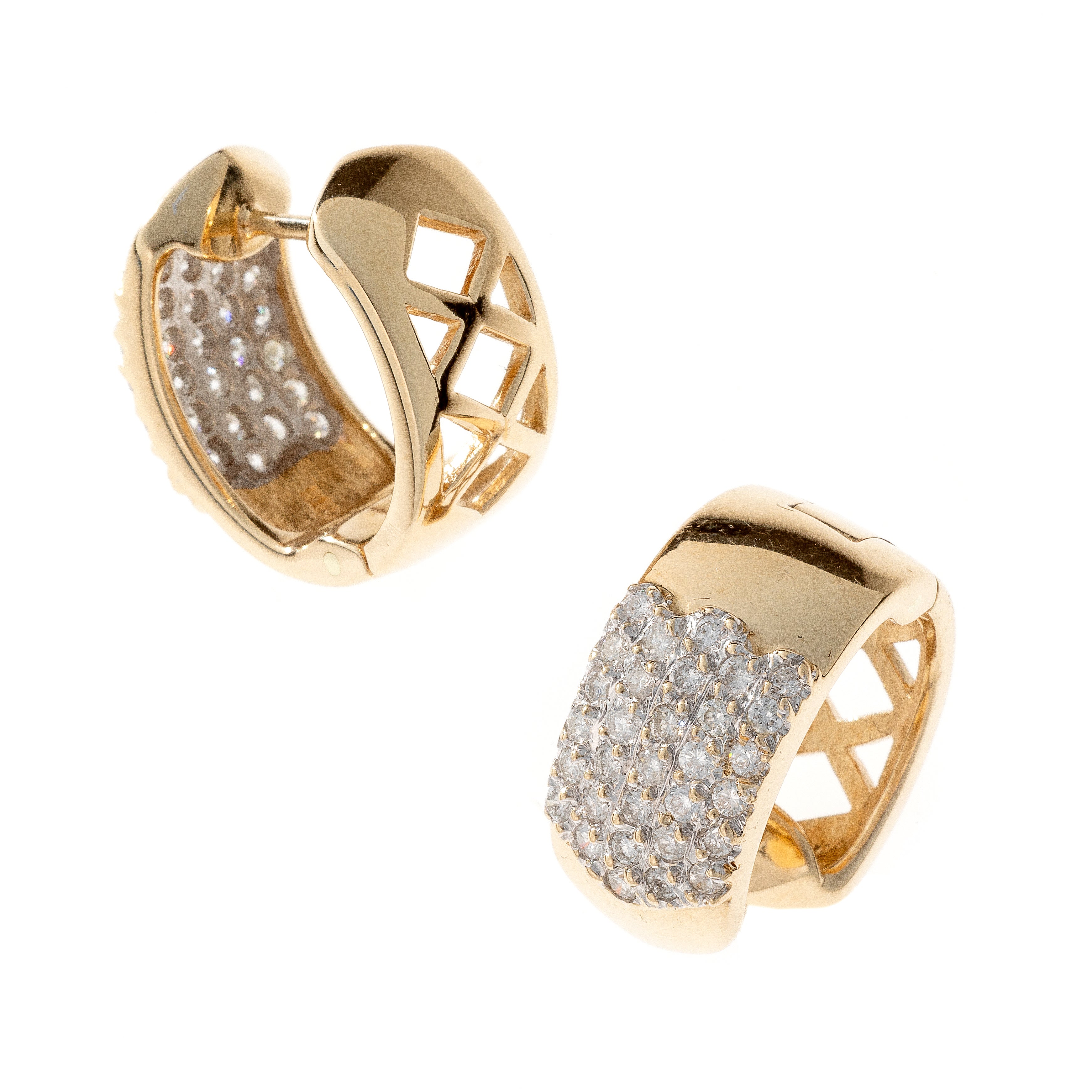 Inside view of vintage gold wide hoop earrings with diamonds.