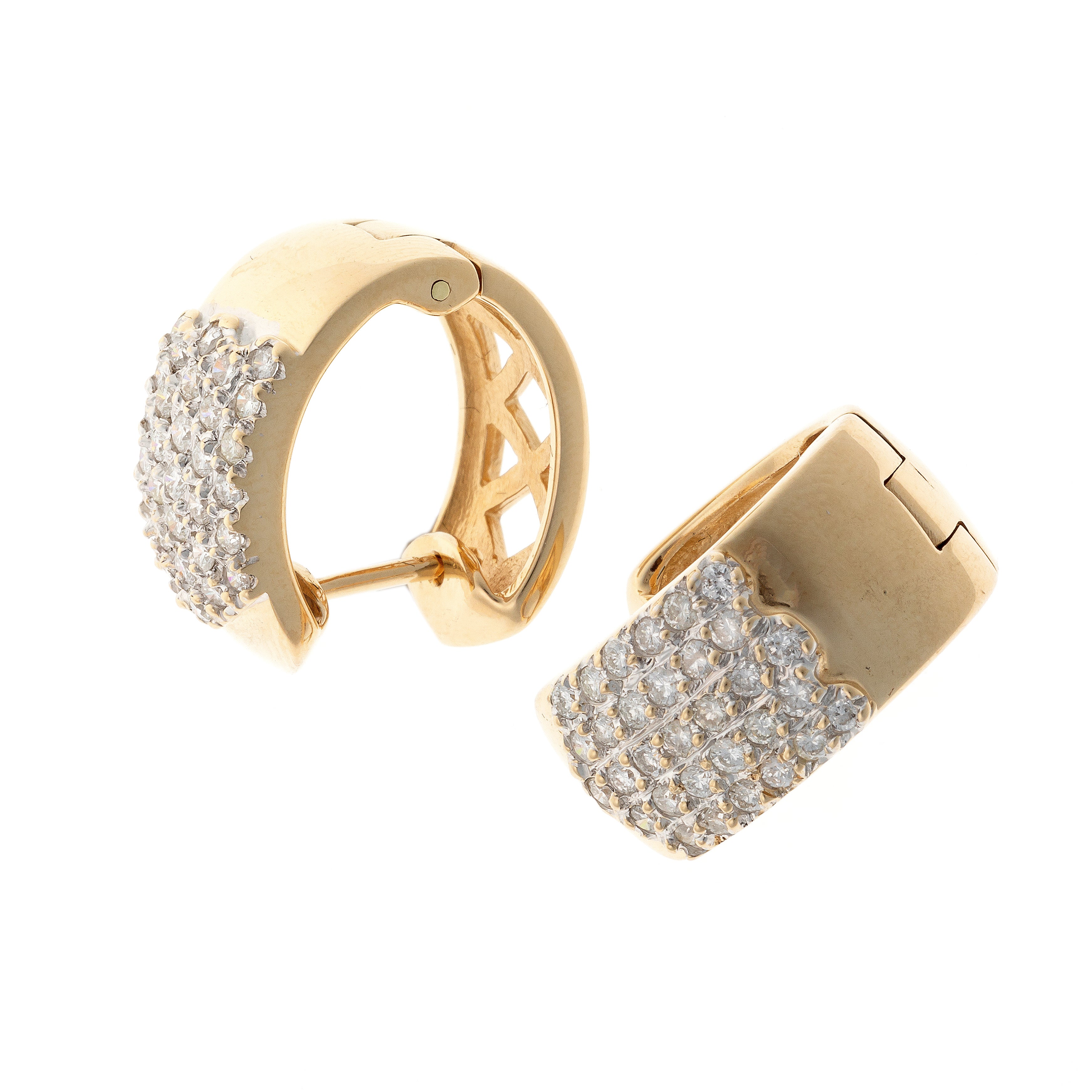 Side view of contemporary vintagegold pavé diamond hoop earrings.