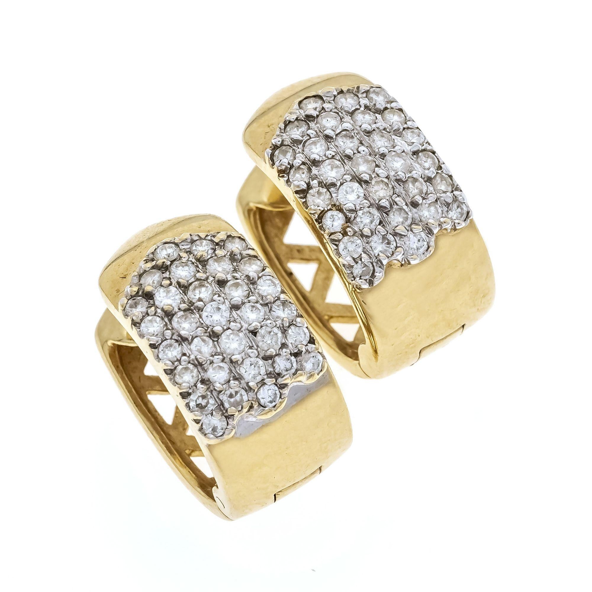 Contemporary vintage gold pavé diamond hoop earrings showcasing wide gold design and brilliant-cut diamonds.