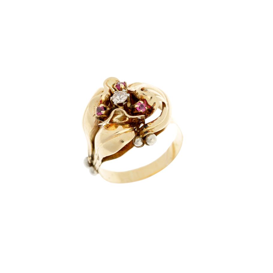 Vintage 1990s French 14k gold floral ring with a 0.13 ct diamond center, surrounded by lab-grown ruby corundum