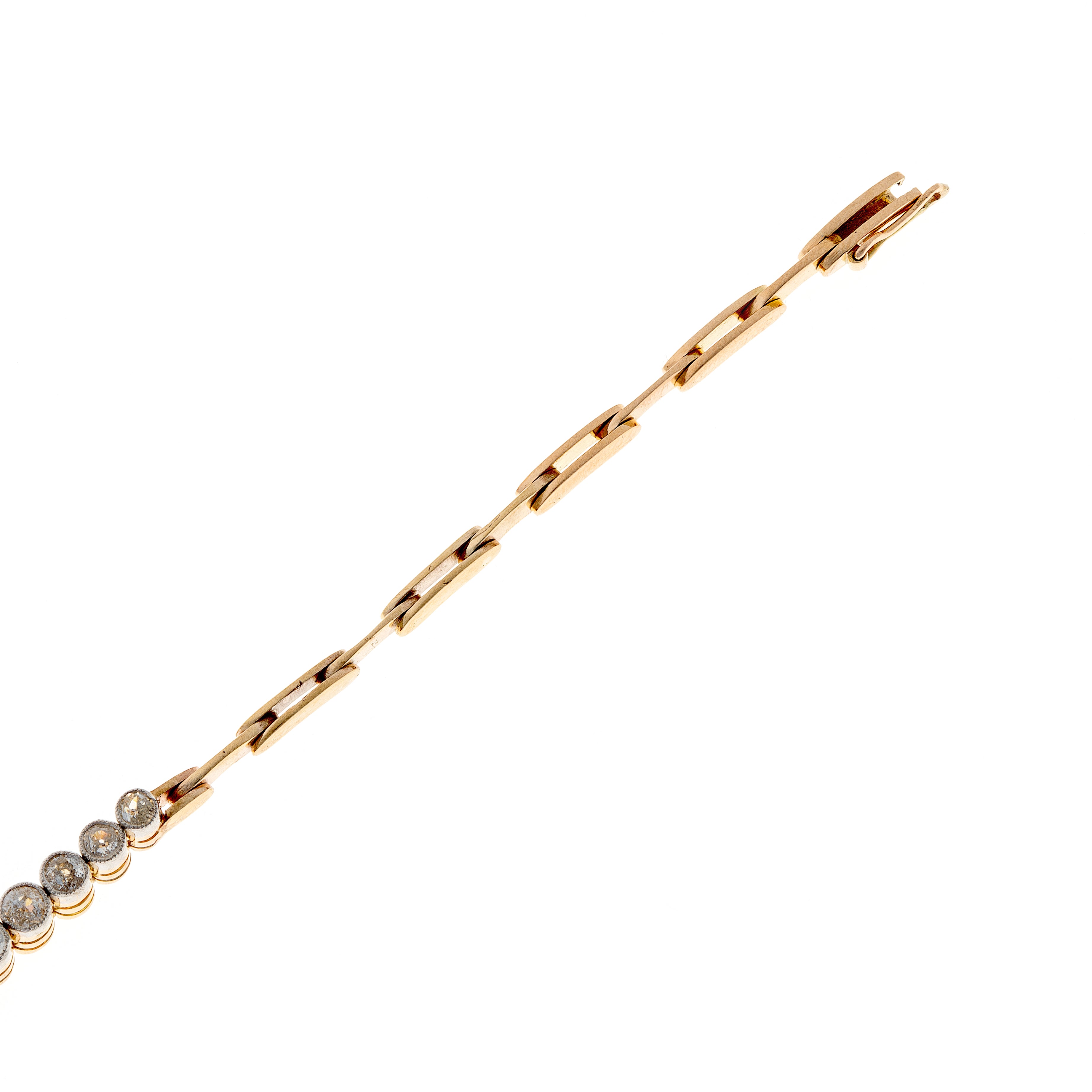 Extended length view of a vintage 18cm diamond bracelet, showcasing its structured yet fluid design.
