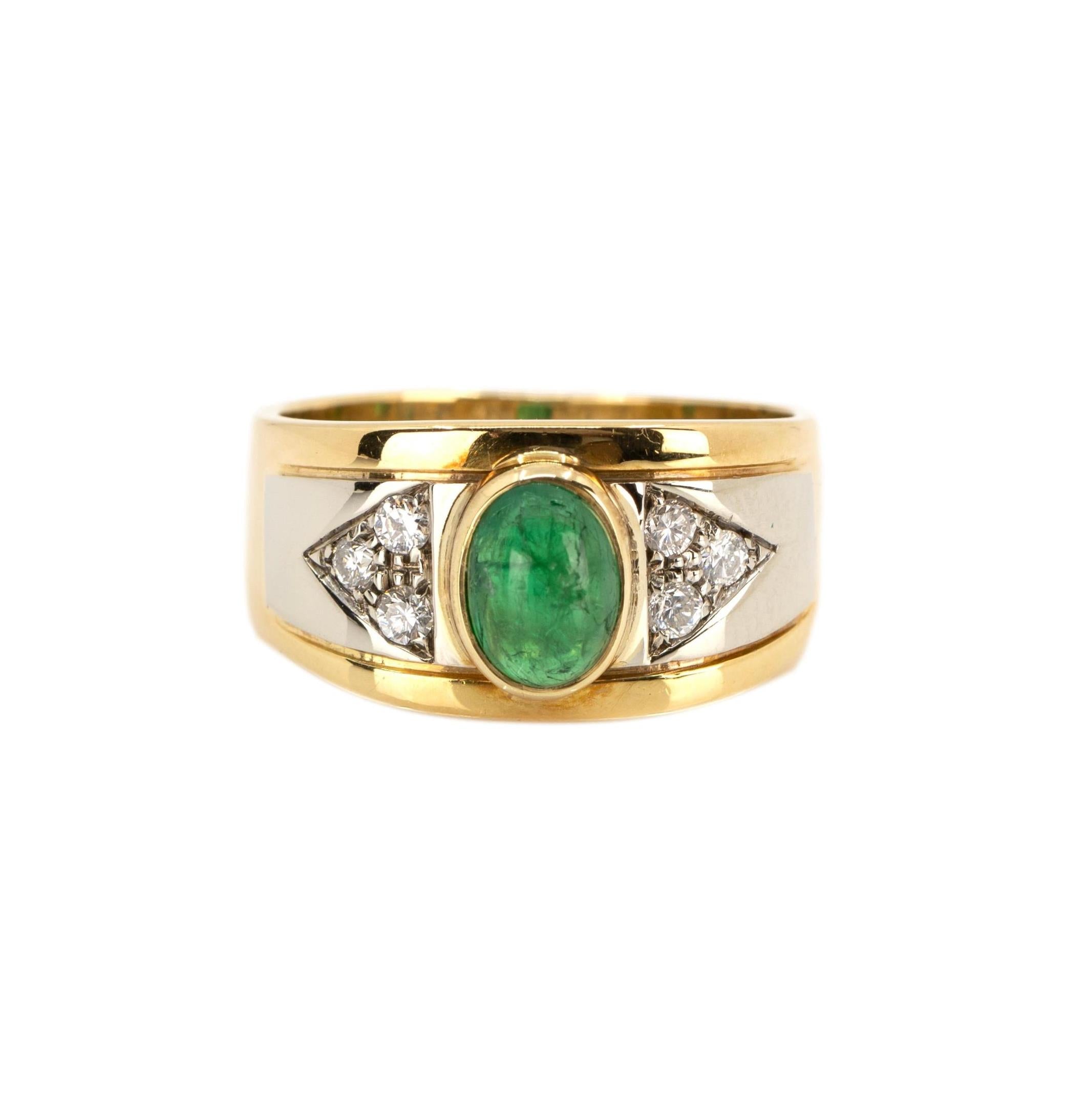 Vintage Belgian 18k gold ring with oval cabochon emerald centerpiece and six brilliant-cut diamond accents