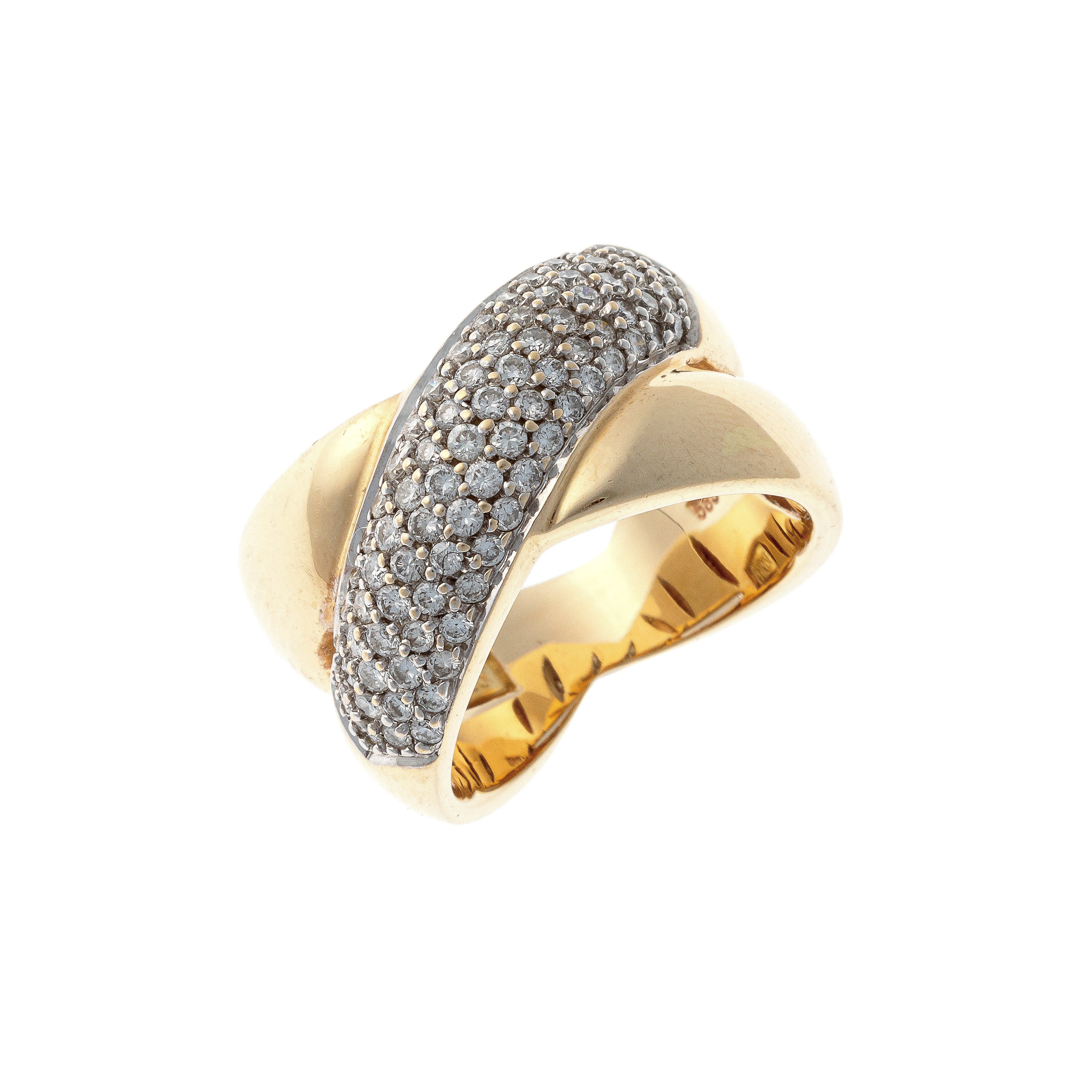 Vintage Christ two-tone gold pavé diamond crossover ring.