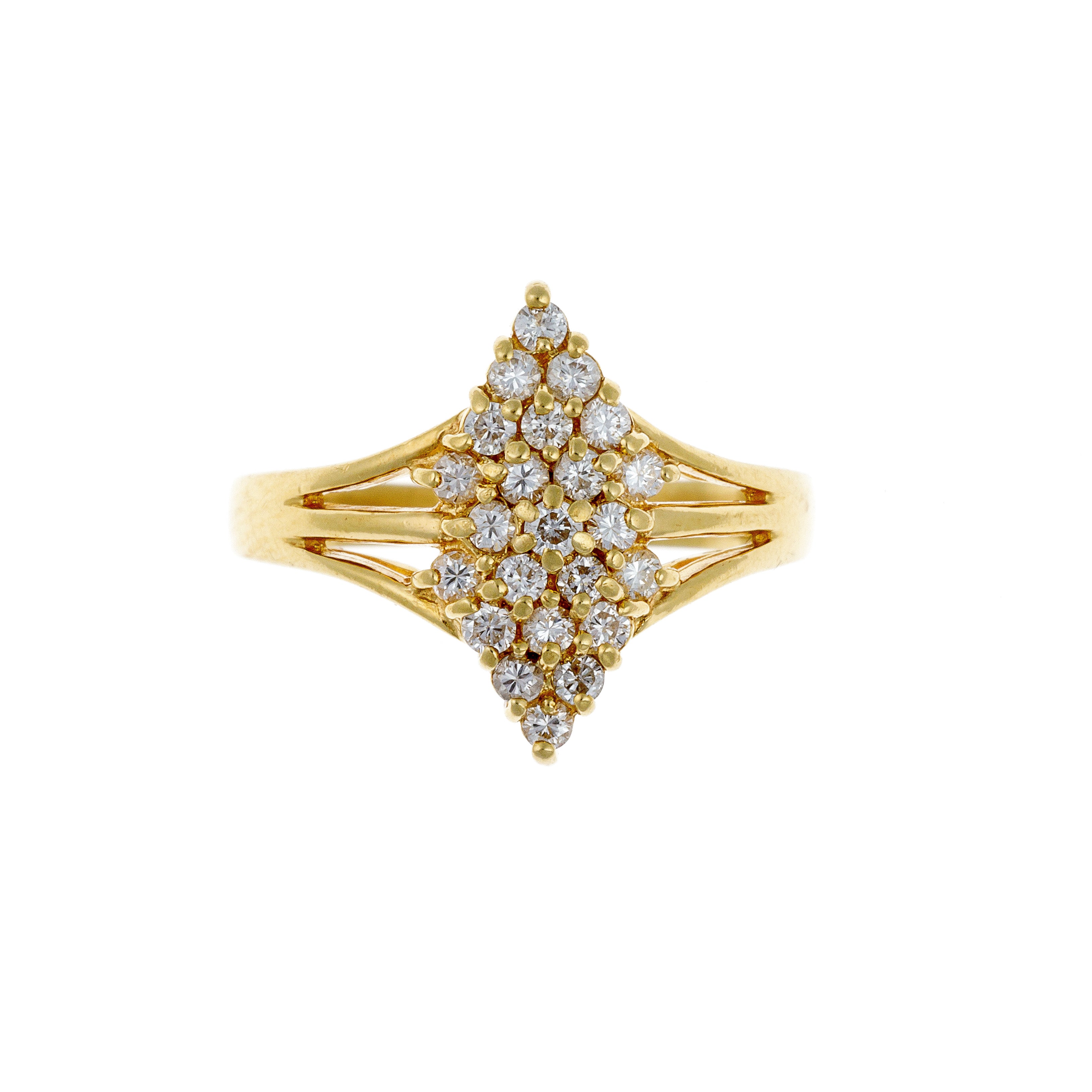 Front view of gold ring with geometric diamond cluster.