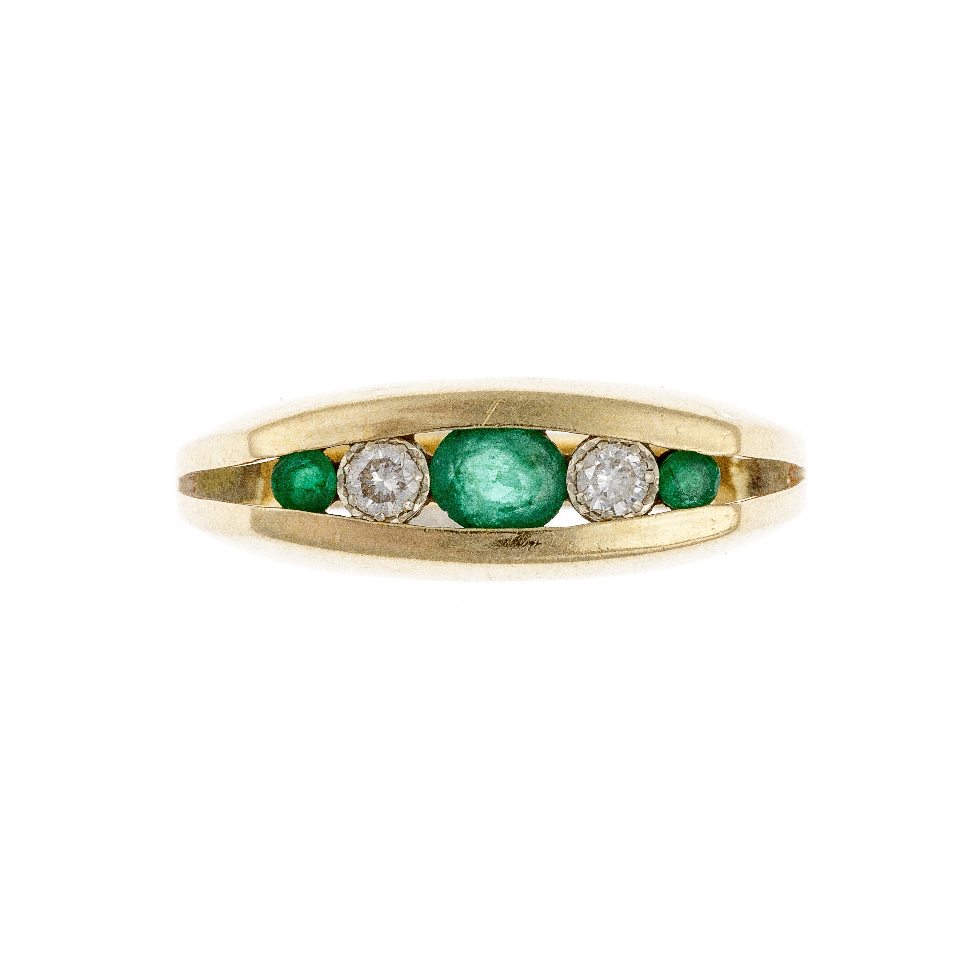 Front view of vintage Belgian 18K gold ring with channel-set diamonds and emeralds in modern linear design.