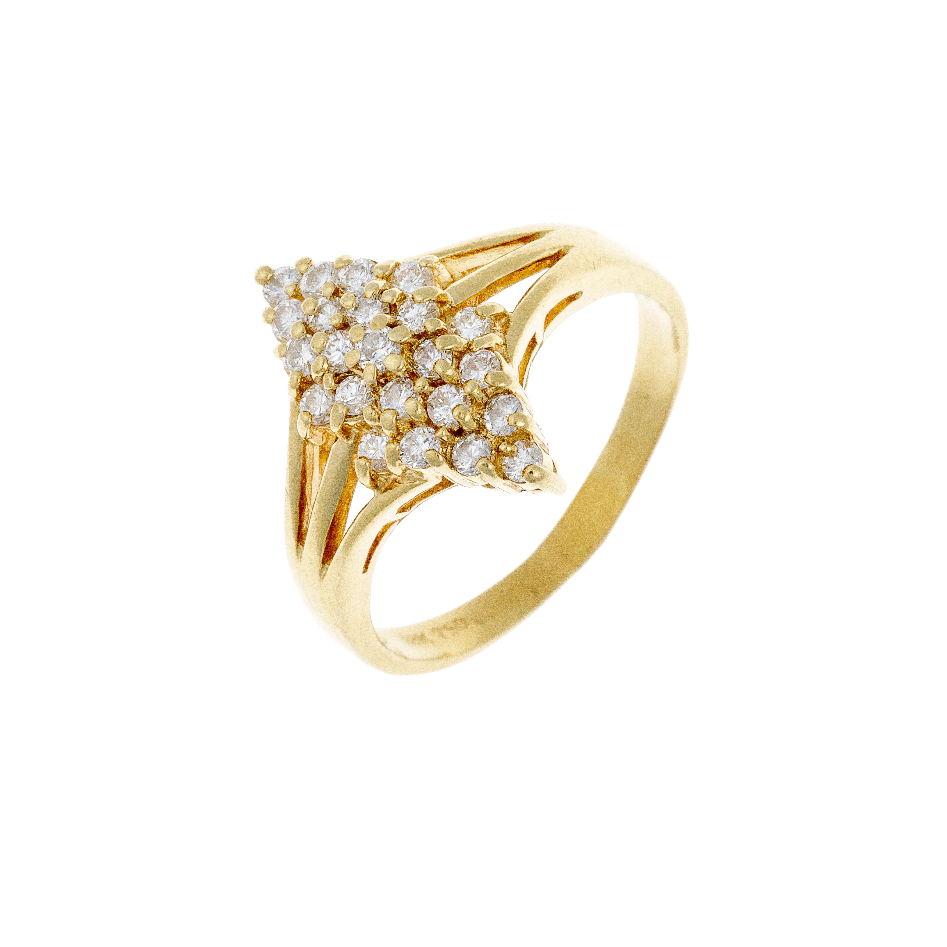 Angled view showing diamond cluster and tapered shoulders.