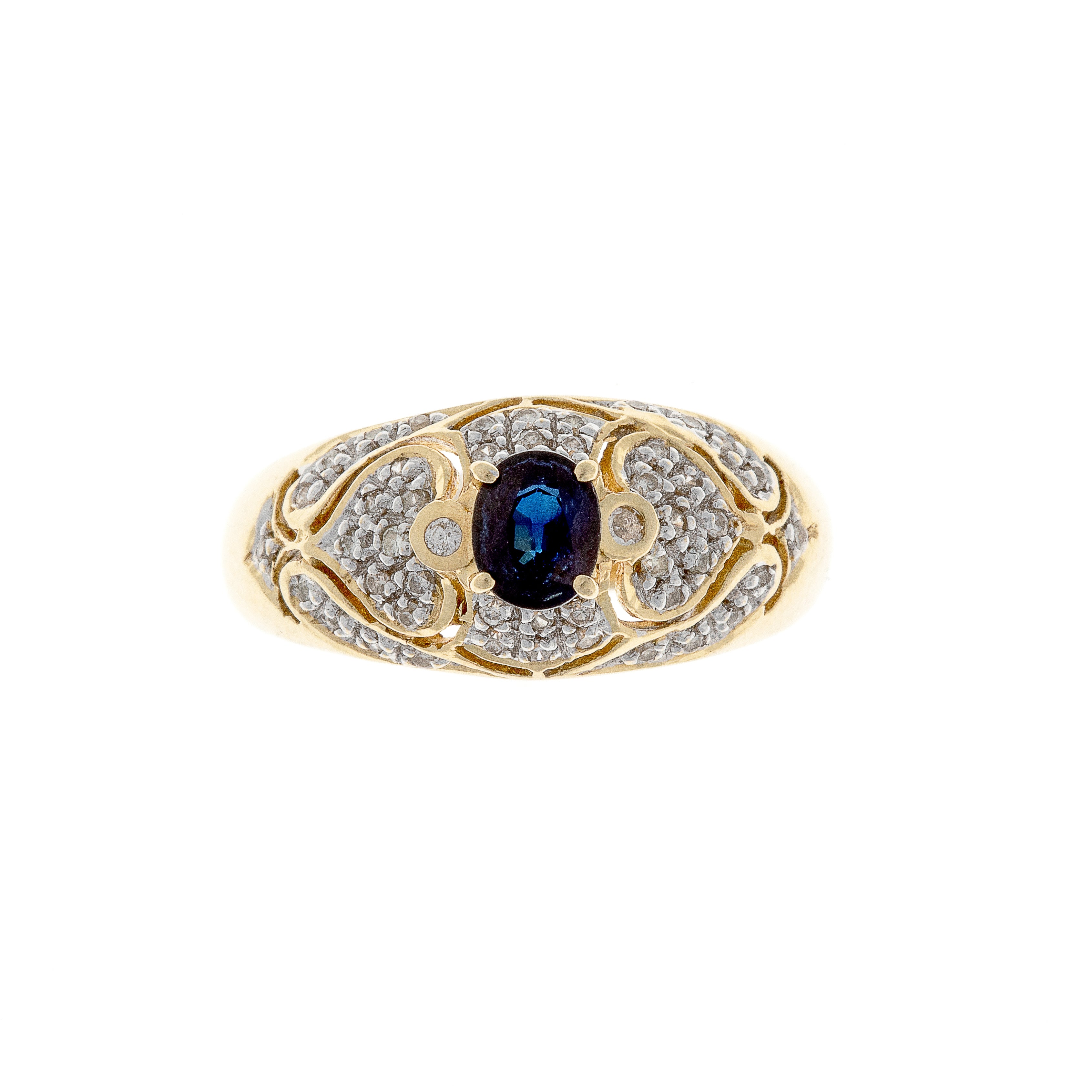 Front view of gold ring with central oval sapphire and filigree-style diamond detailing.