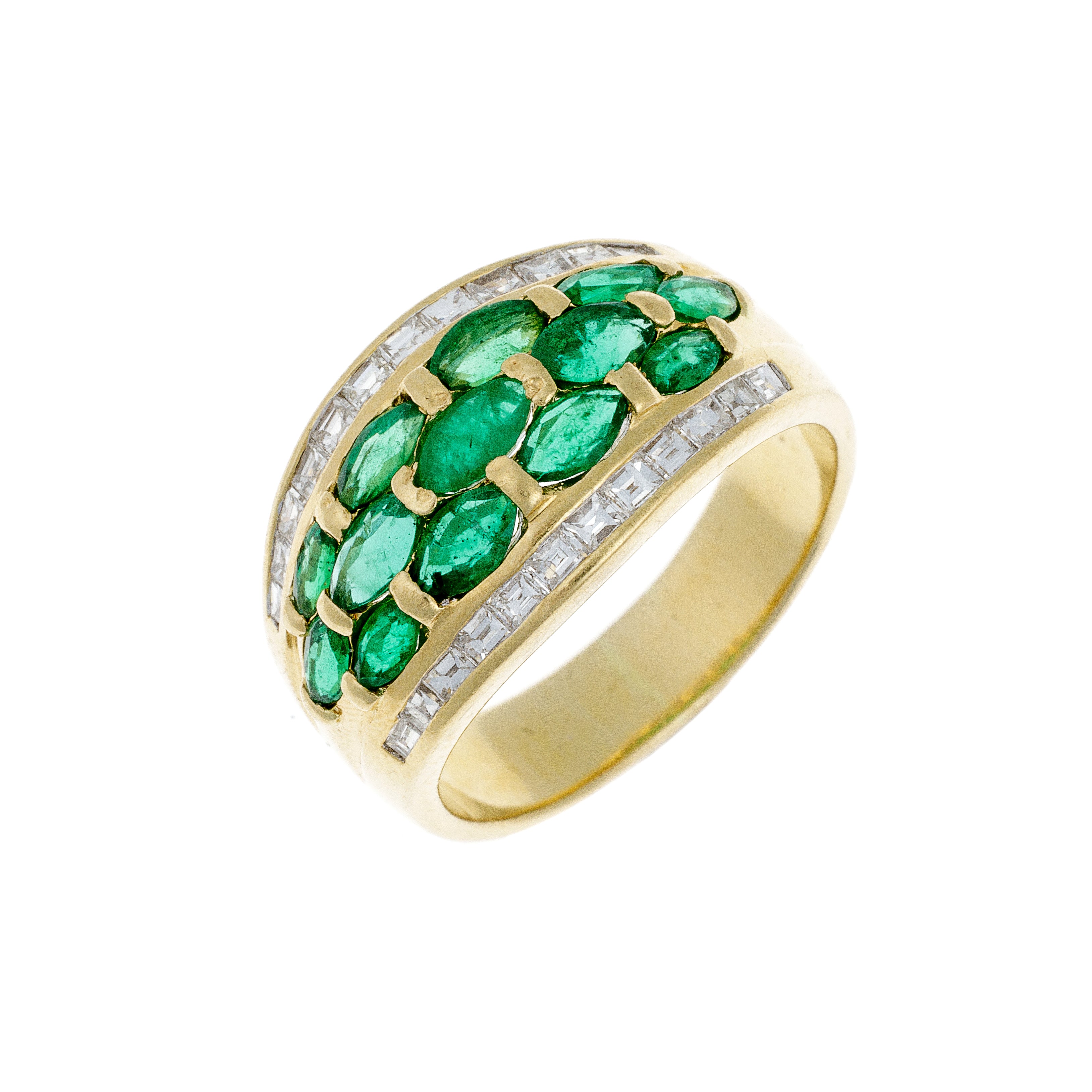 Angled side view of emerald and diamond vintage French gold ring showcasing architectural setting.