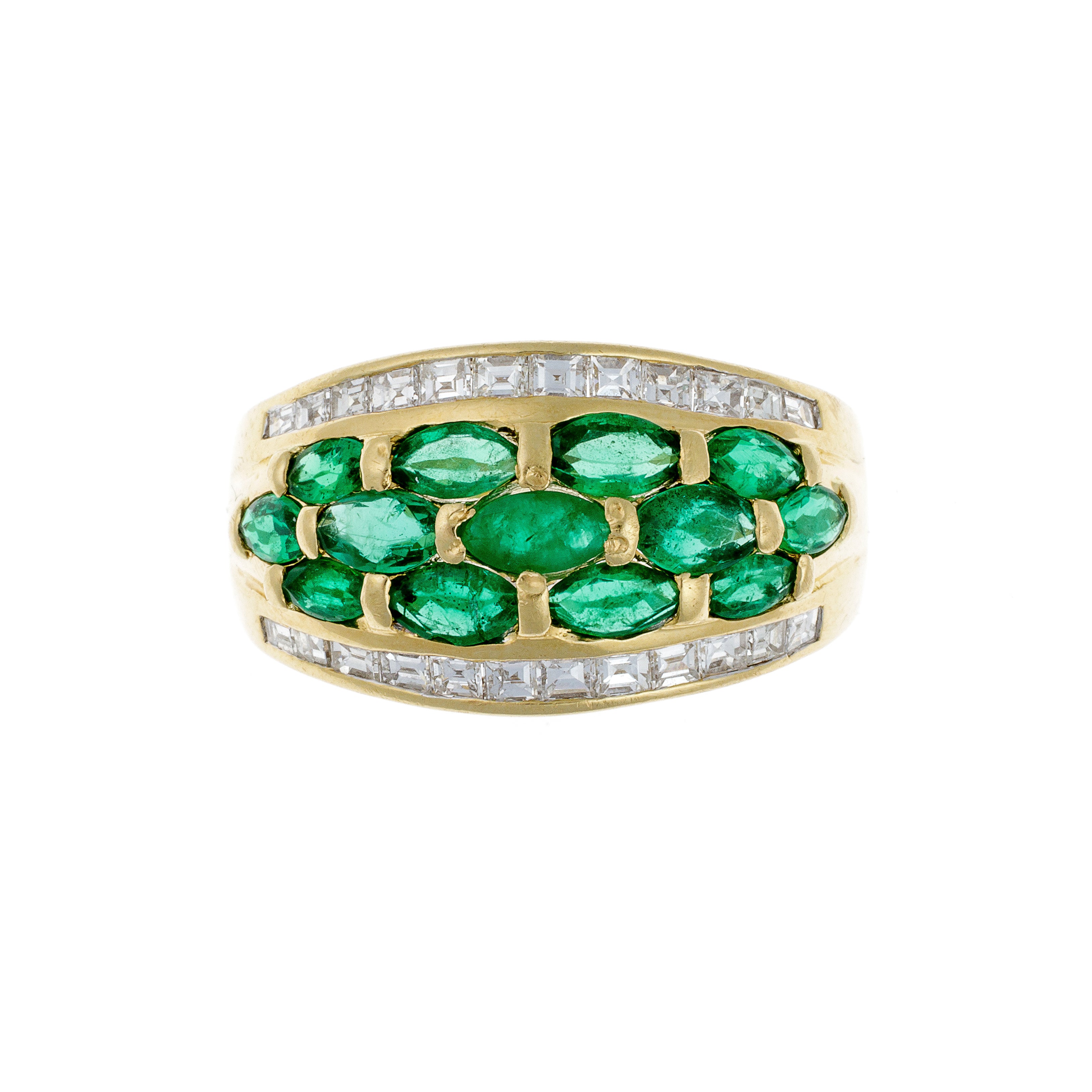 French vintage 18K gold cocktail ring with vivid emeralds and brilliant-cut diamonds, front view.