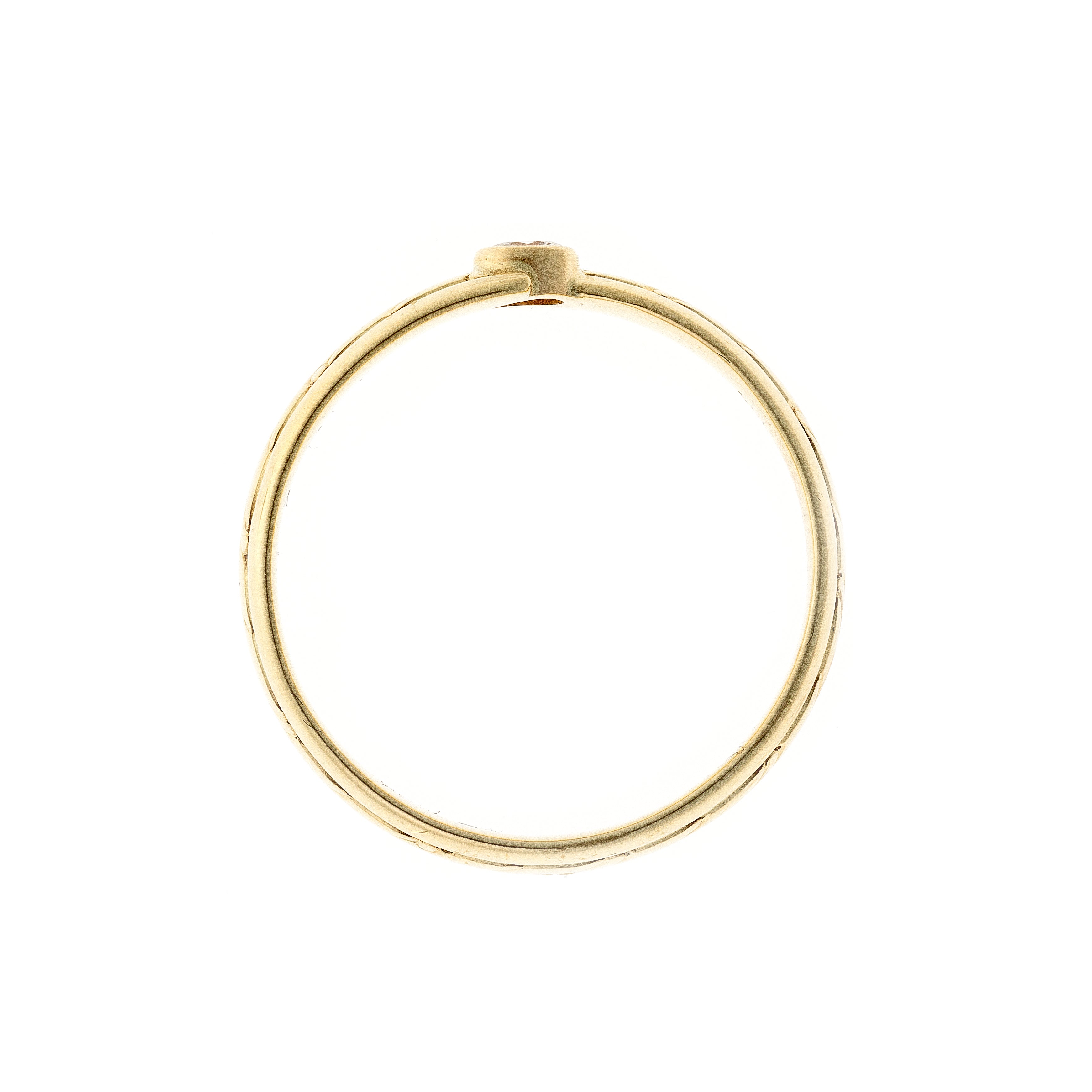 Profile of the contemporary vintage engraved yellow gold diamond bypass ring.