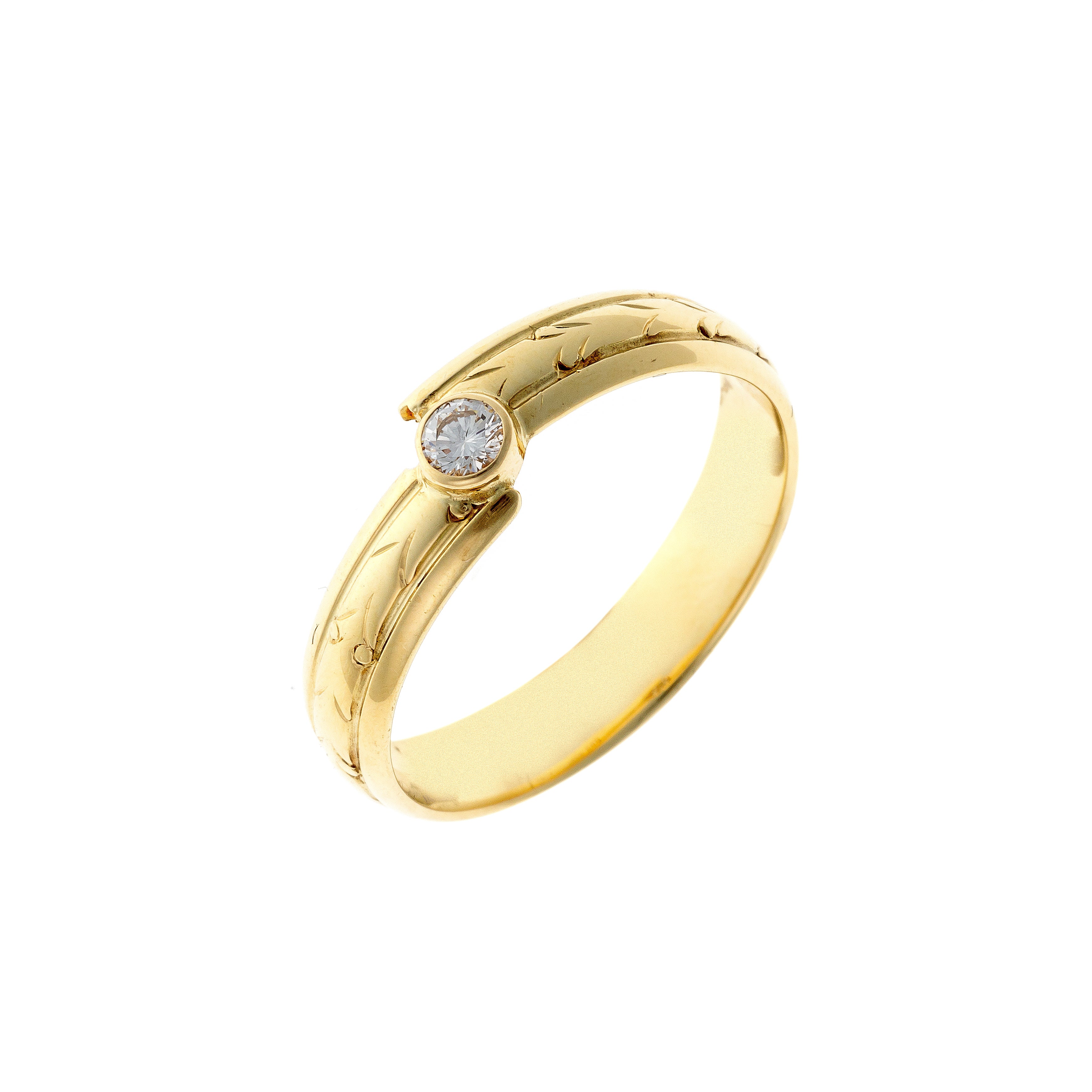 Contemporary vintage engraved yellow gold diamond bypass ring.