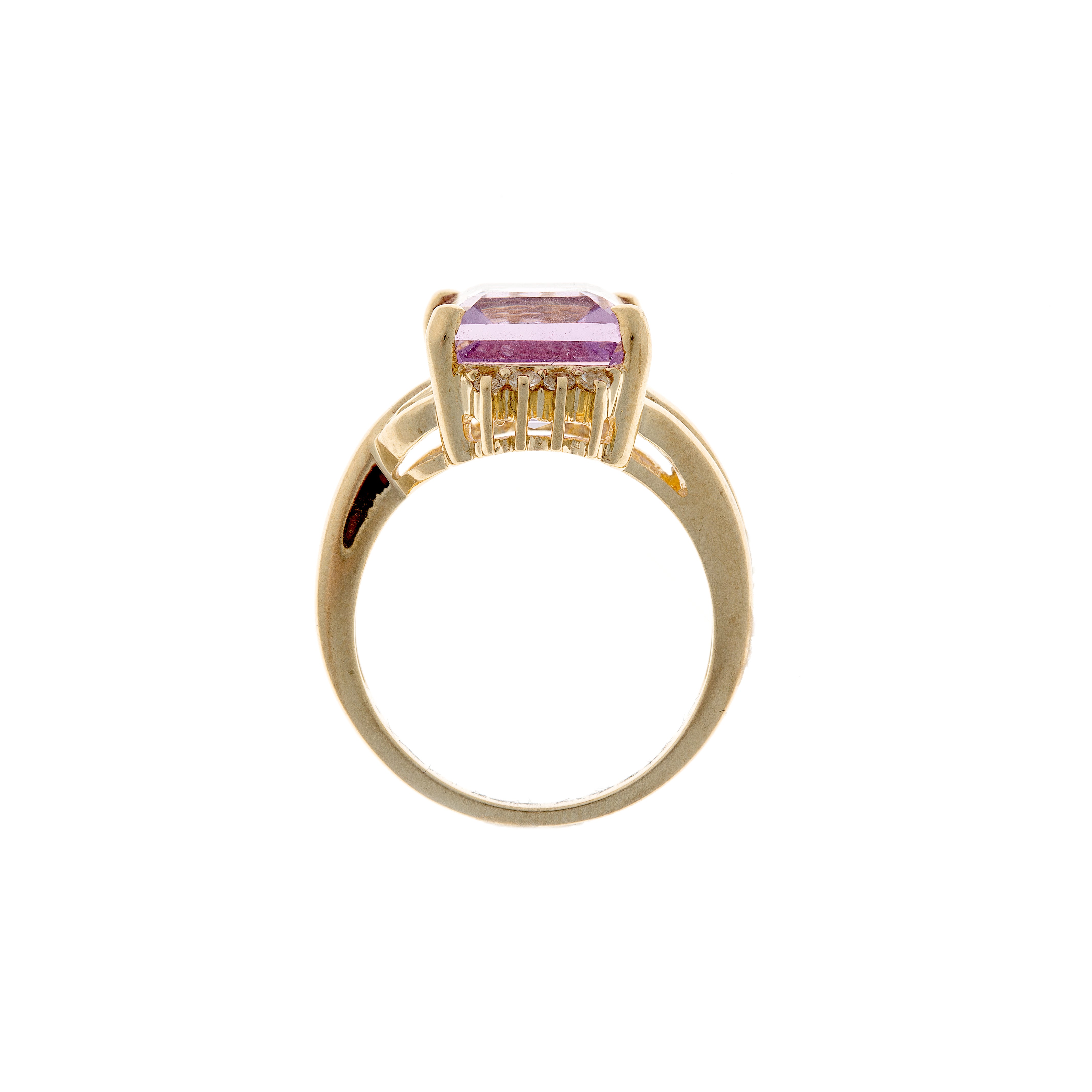 Vintage estate amethyst ring with side-view detailing of brilliant topaz stones on a 9k gold band
