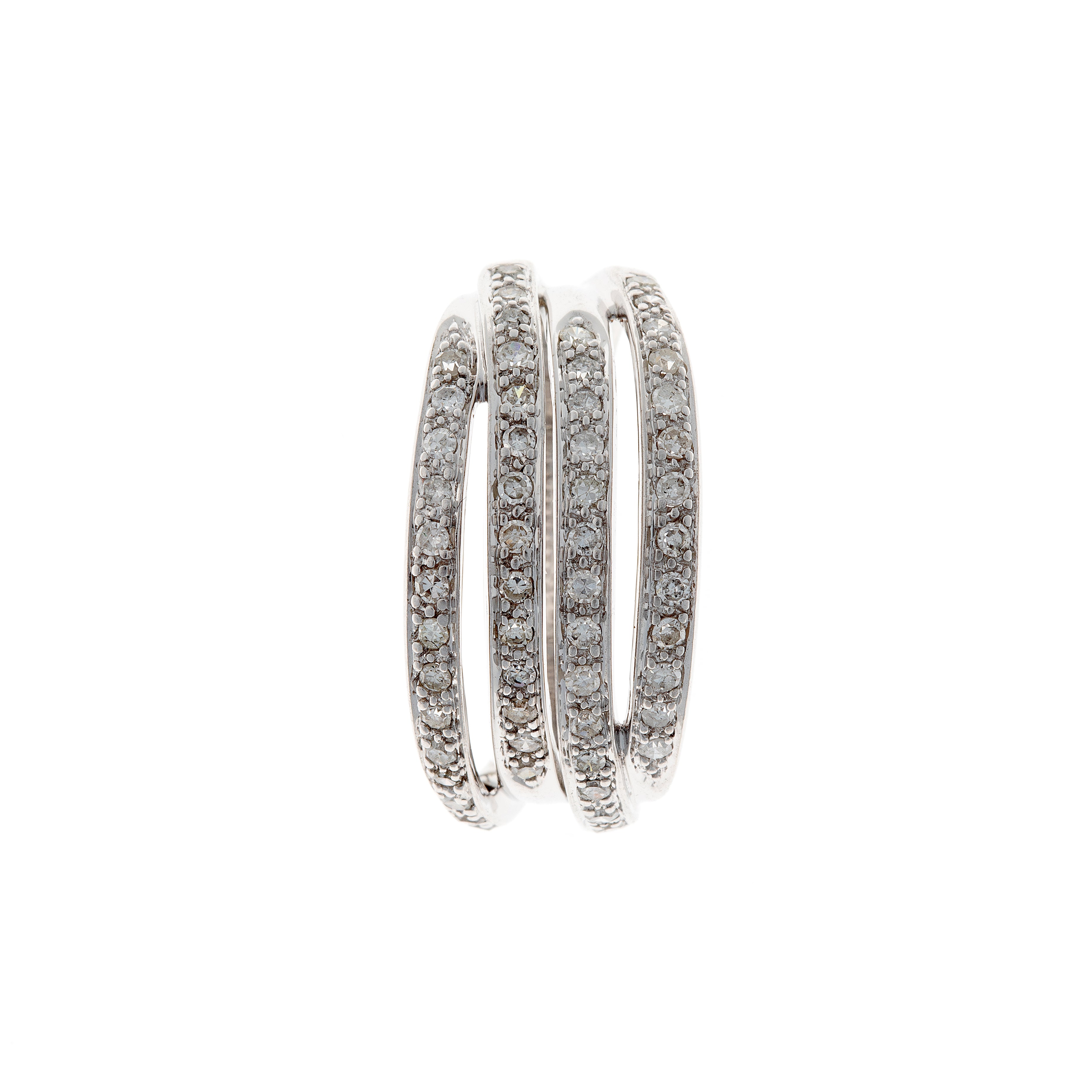 Vintage four-row white gold ring featuring 55 pave-set diamonds, angled top view
