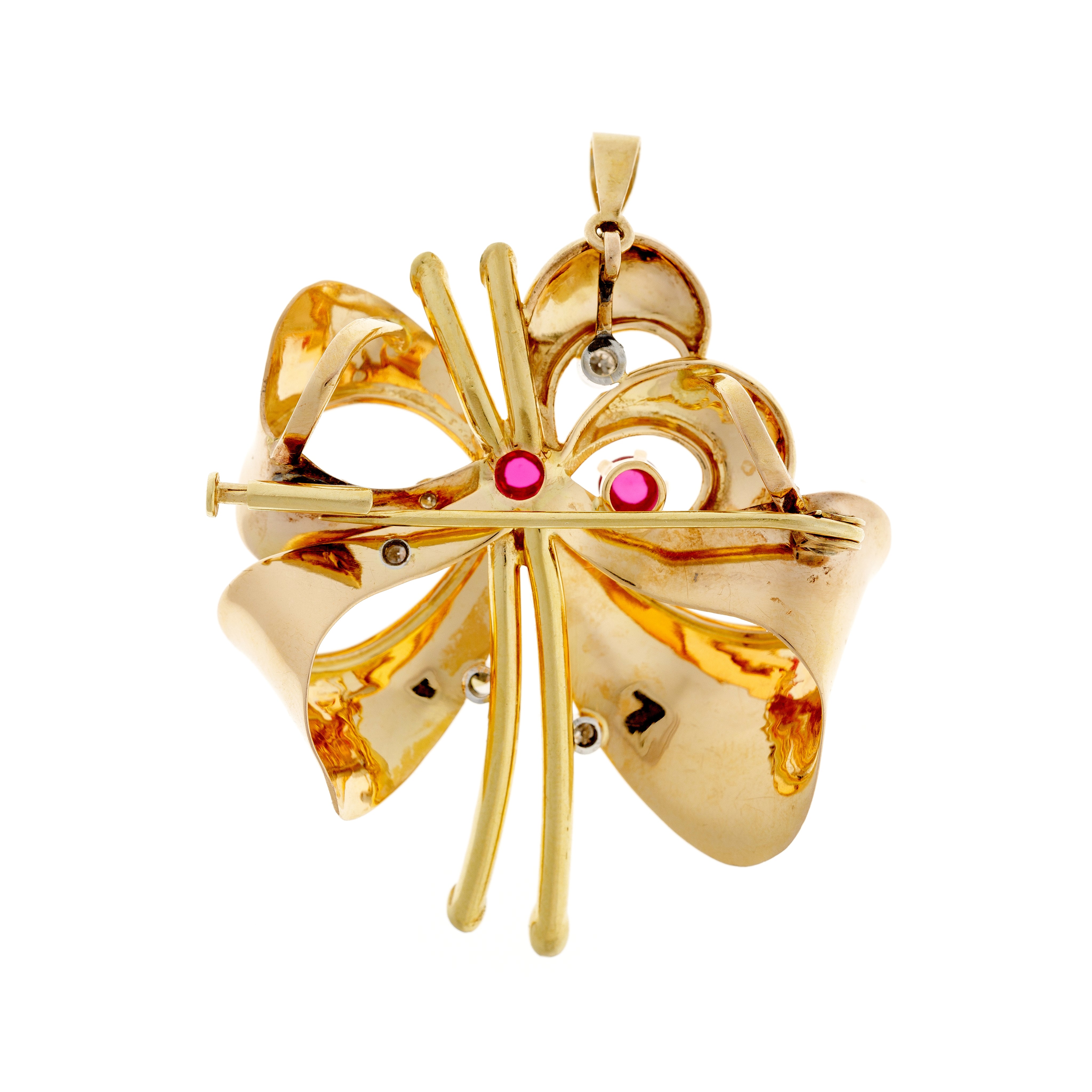 Vintage French 18k gold bow brooch pendant featuring diamonds (0.36 ct) and lab-grown ruby cabochons