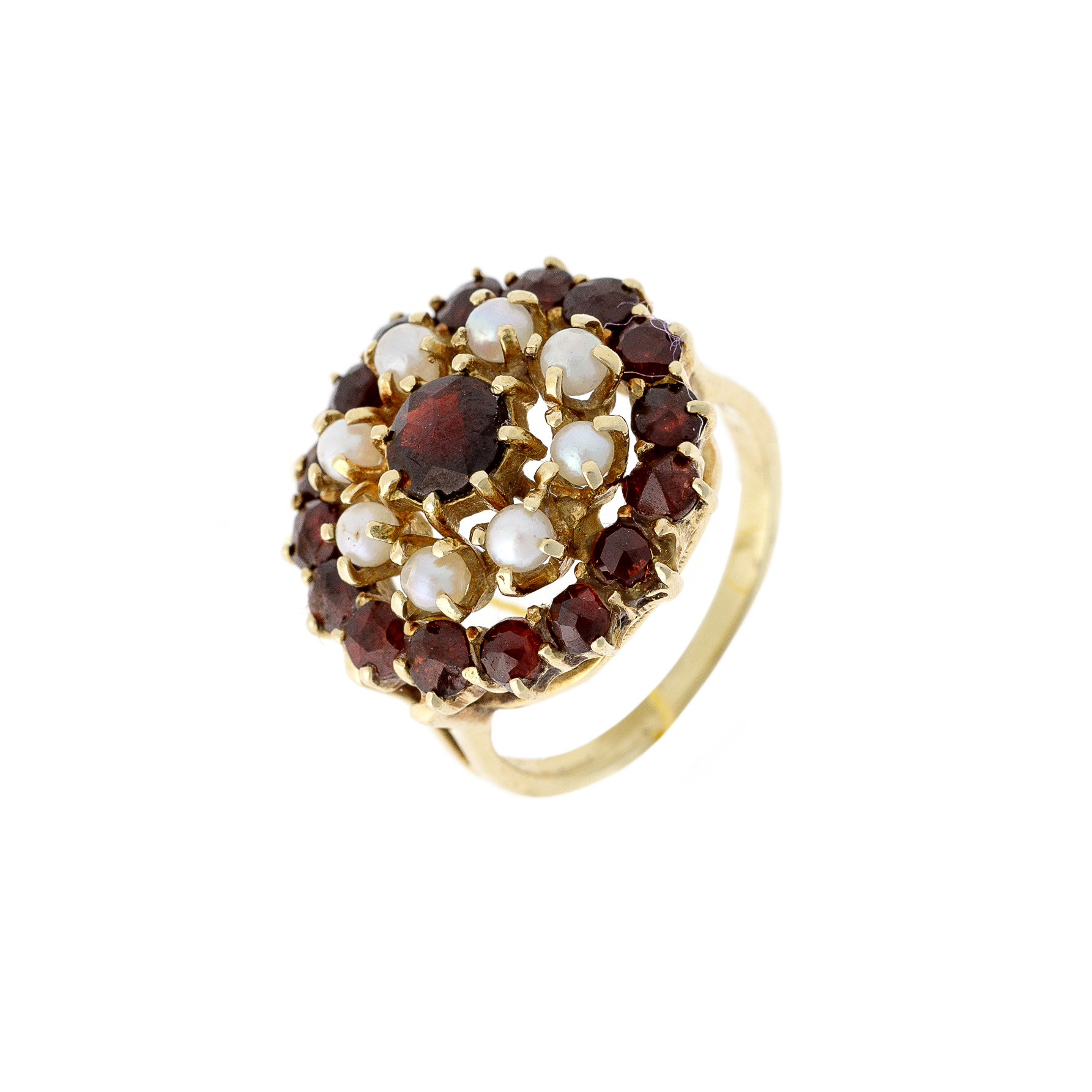Vintage French 9k gold statement ring with fiery red almandine garnets and creamy cultured pearls in a cluster setting