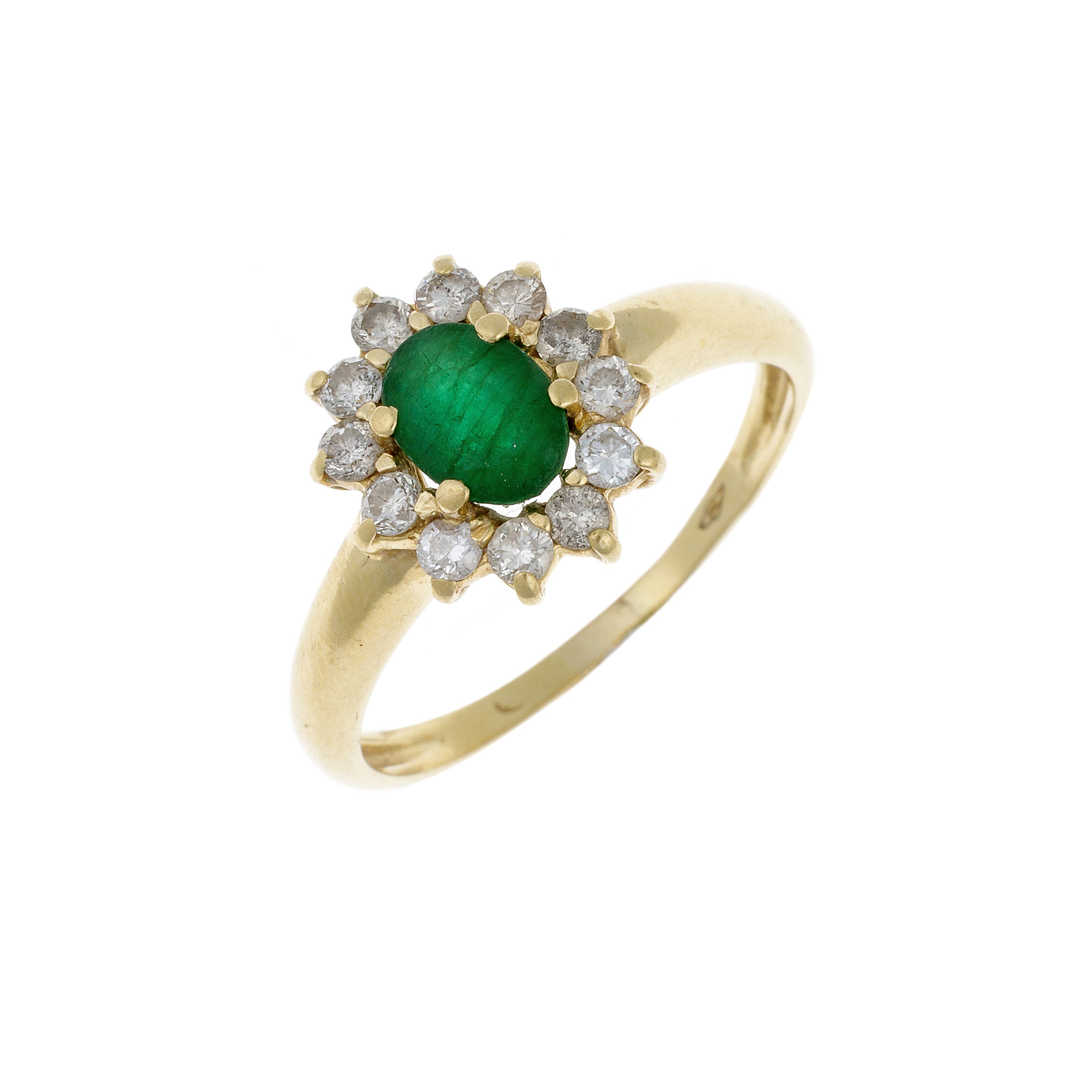 Vintage emerald and diamond French halo pompadour cocktail ring in yellow gold.