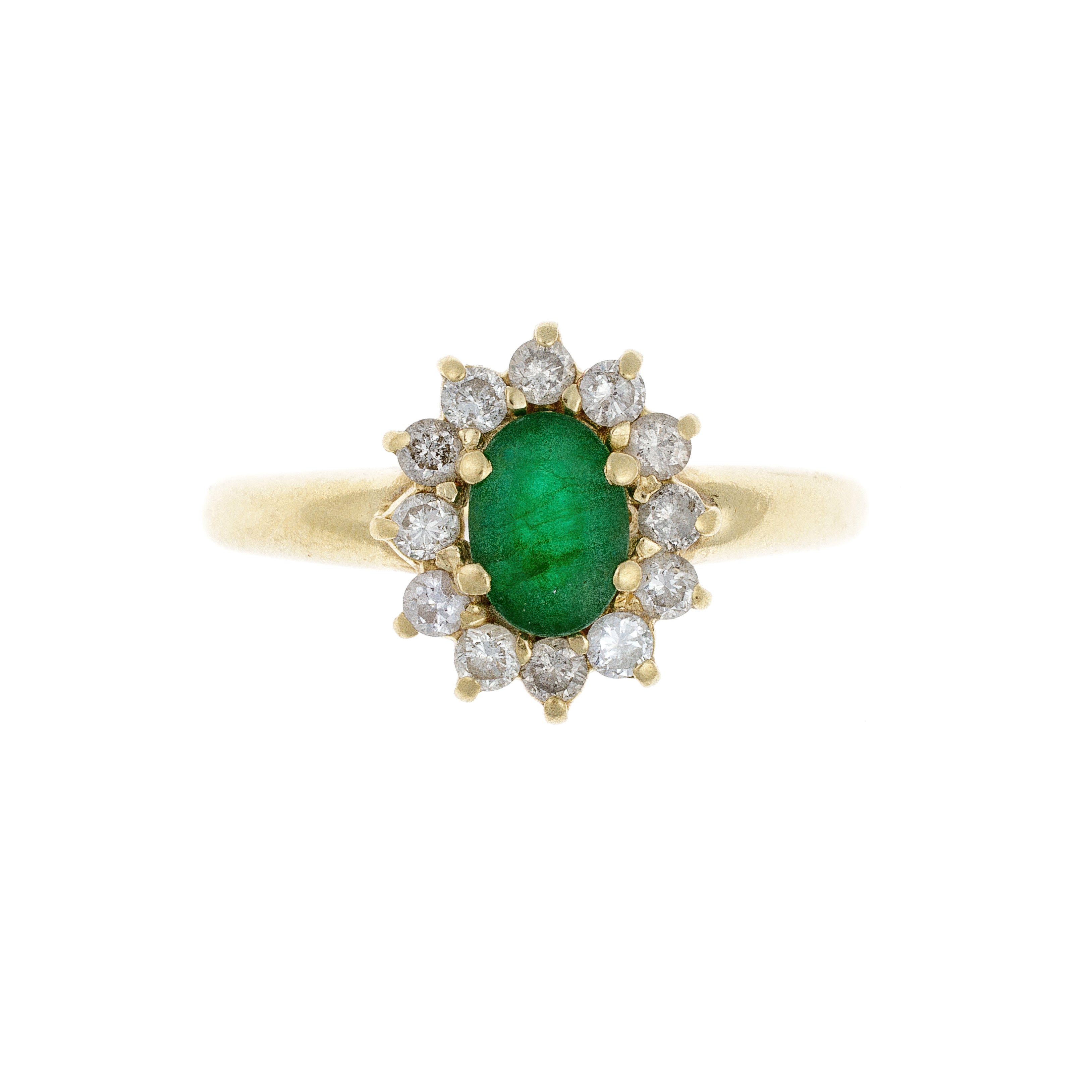 Vintage 18K gold halo ring with oval emerald and 12 brilliant-cut diamonds.