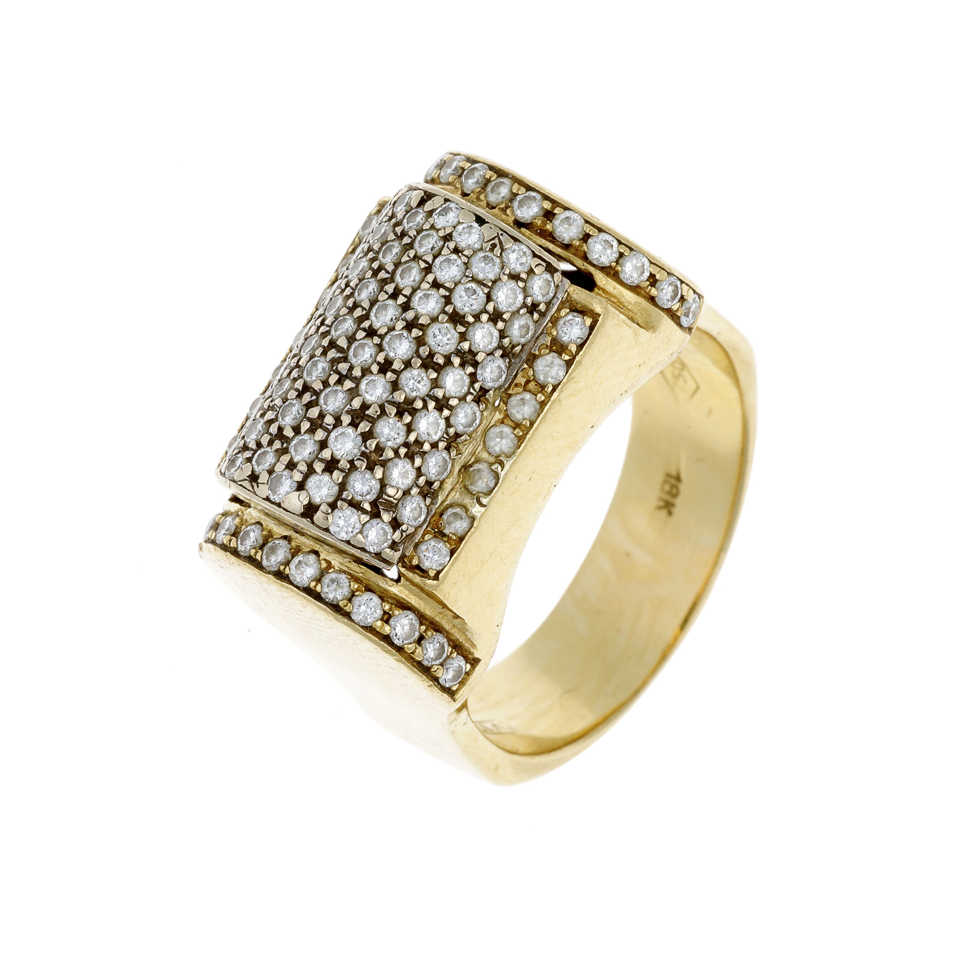 Angled view of bold French Art Deco tank ring with rows of brilliant-cut diamonds.