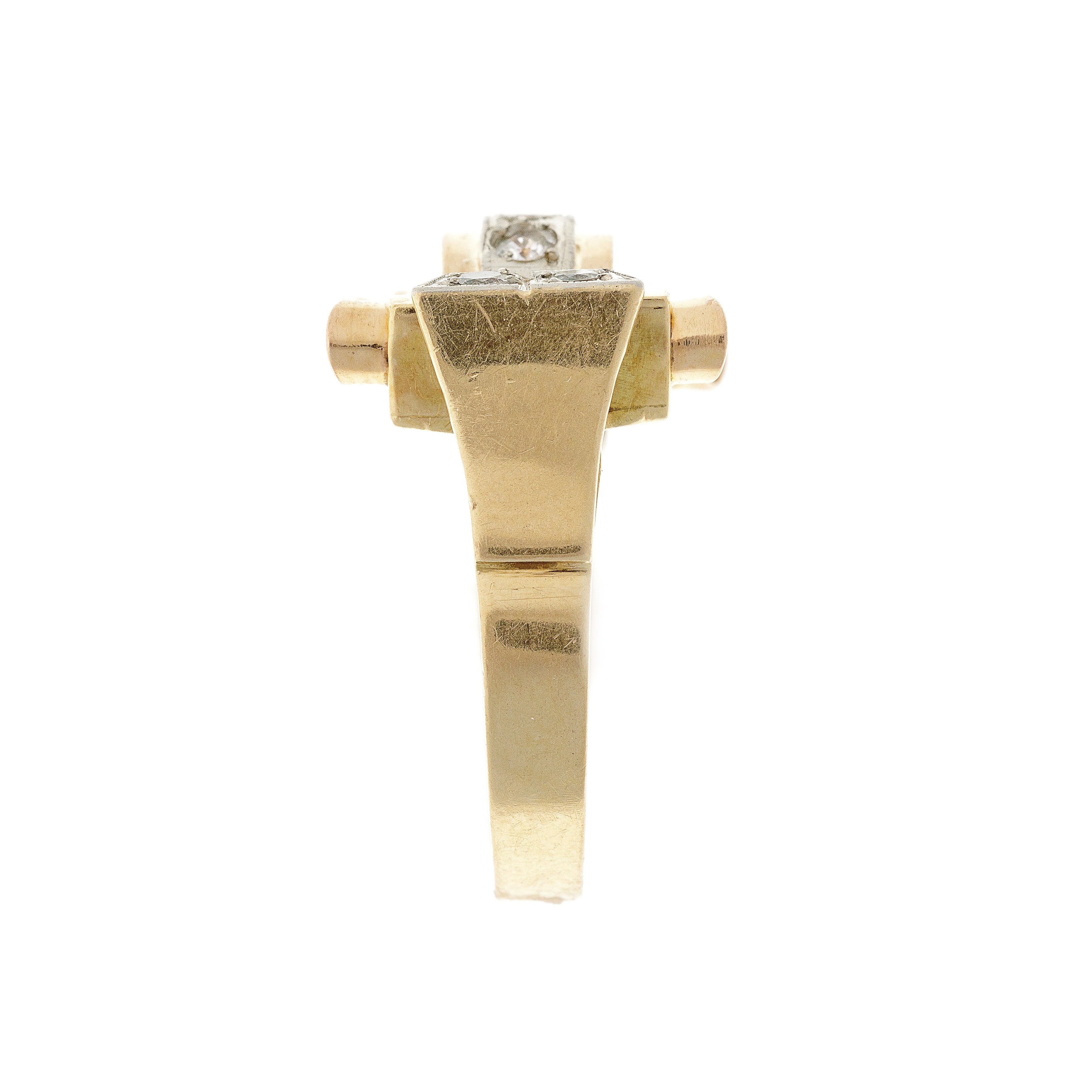 Profile view of the vintage Art Deco ring, emphasizing its bold architectural form and intricate craftsmanship.