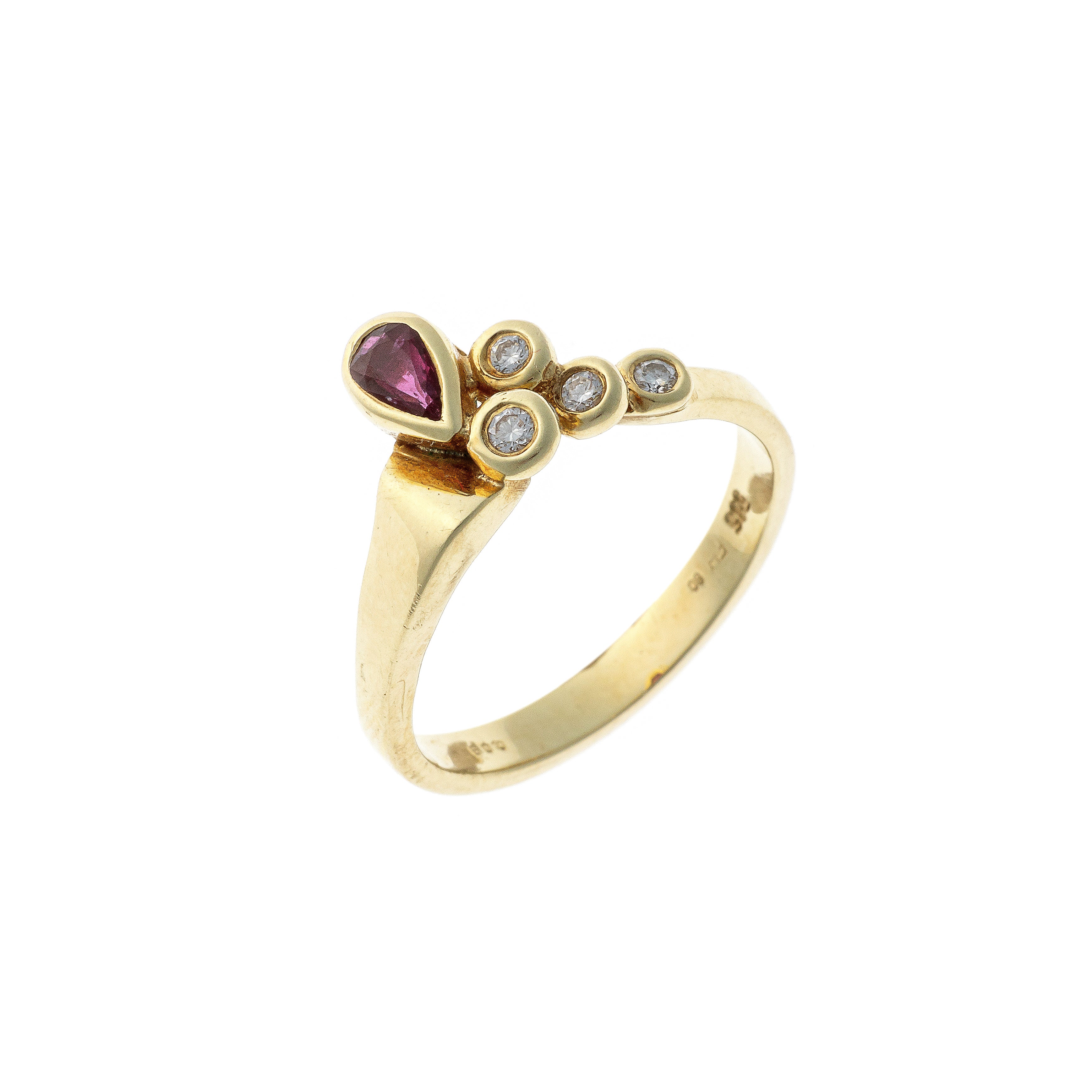 Contemporary vintage gold asymmetrical ruby and diamond cascade ring.