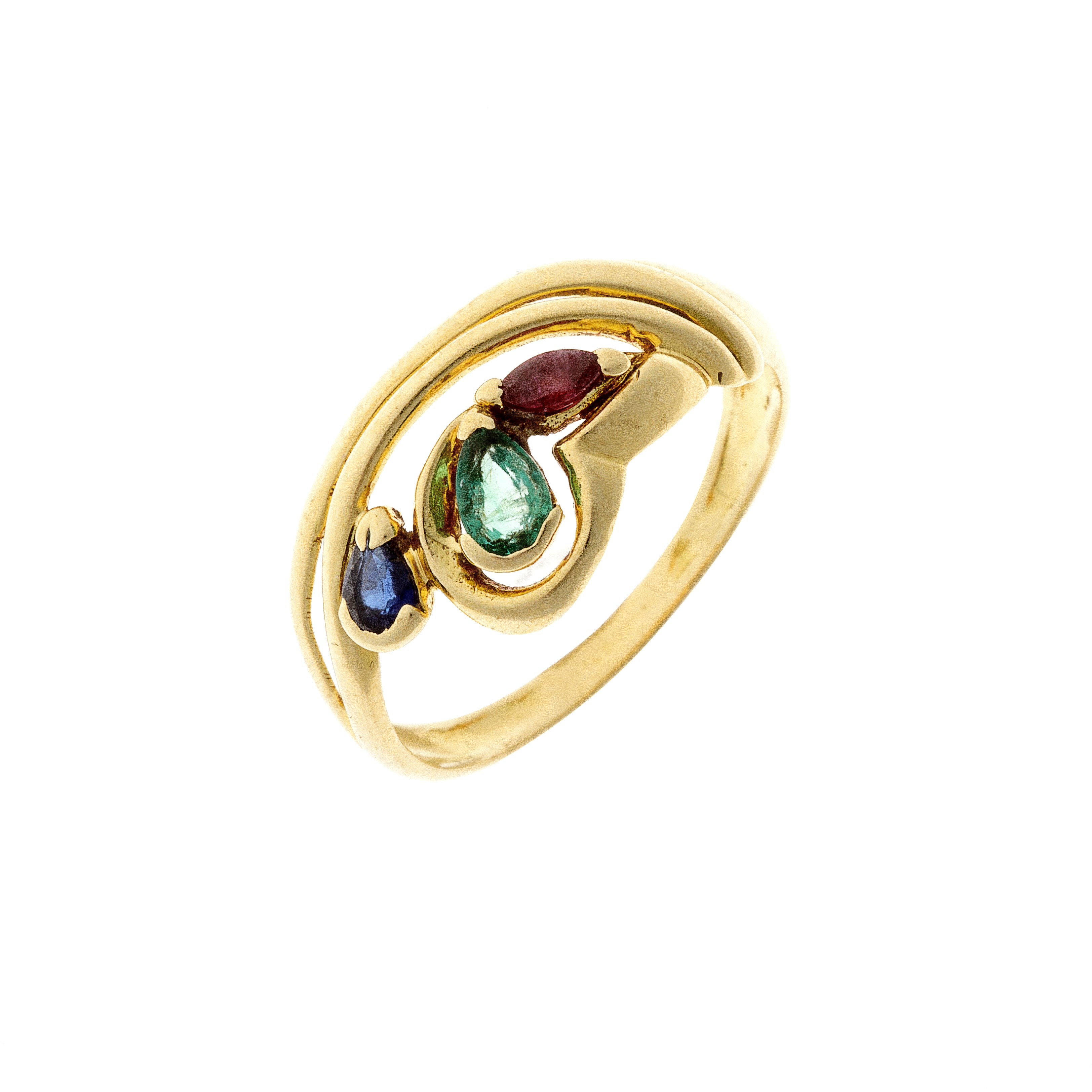 Angled view of vintage Belgian gold ring showing asymmetric design and trio of vibrant gemstones.