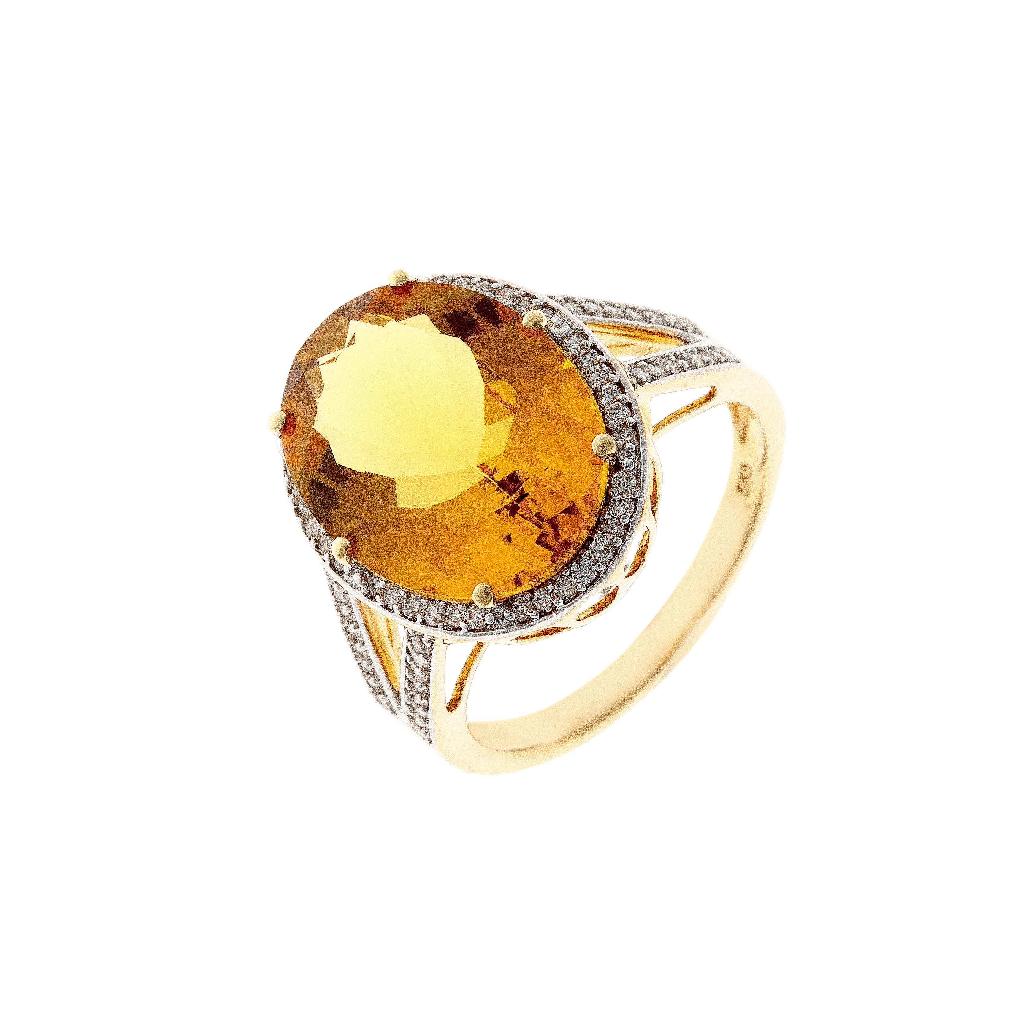 Contemporary vintage gold cocktail ring with faceted heliodor and diamond halo.