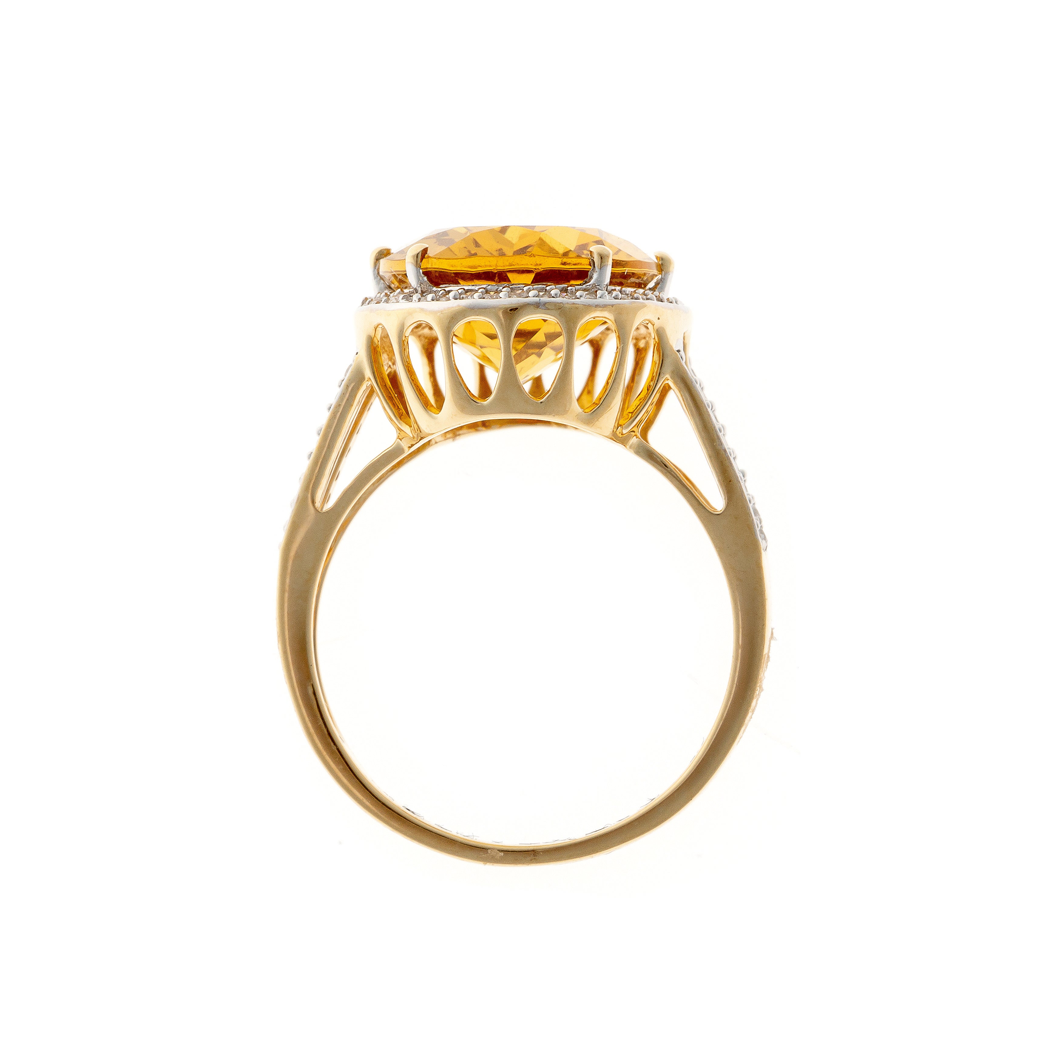 Profile of the contemporary vintage gold cocktail ring with faceted heliodor and diamond halo.