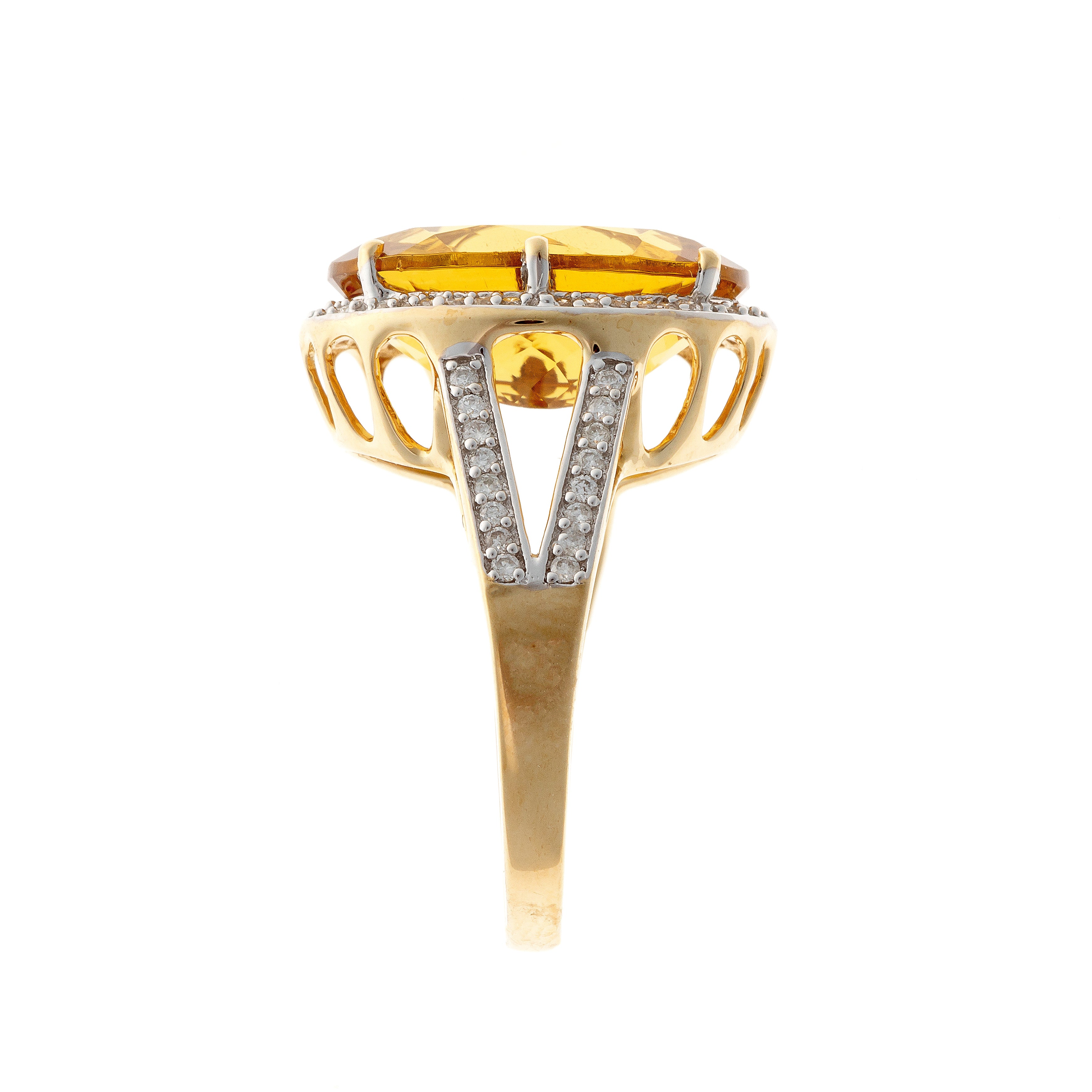 Side view of the vintage gold cocktail ring with faceted heliodor and diamond halo.