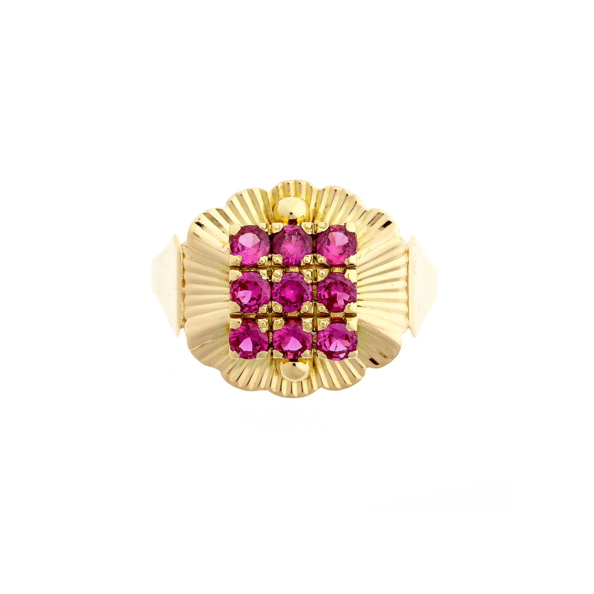A vintage 18K gold floral motif ring featuring nine vibrant pink synthetic rubies arranged in a striking bloom-like cluster.