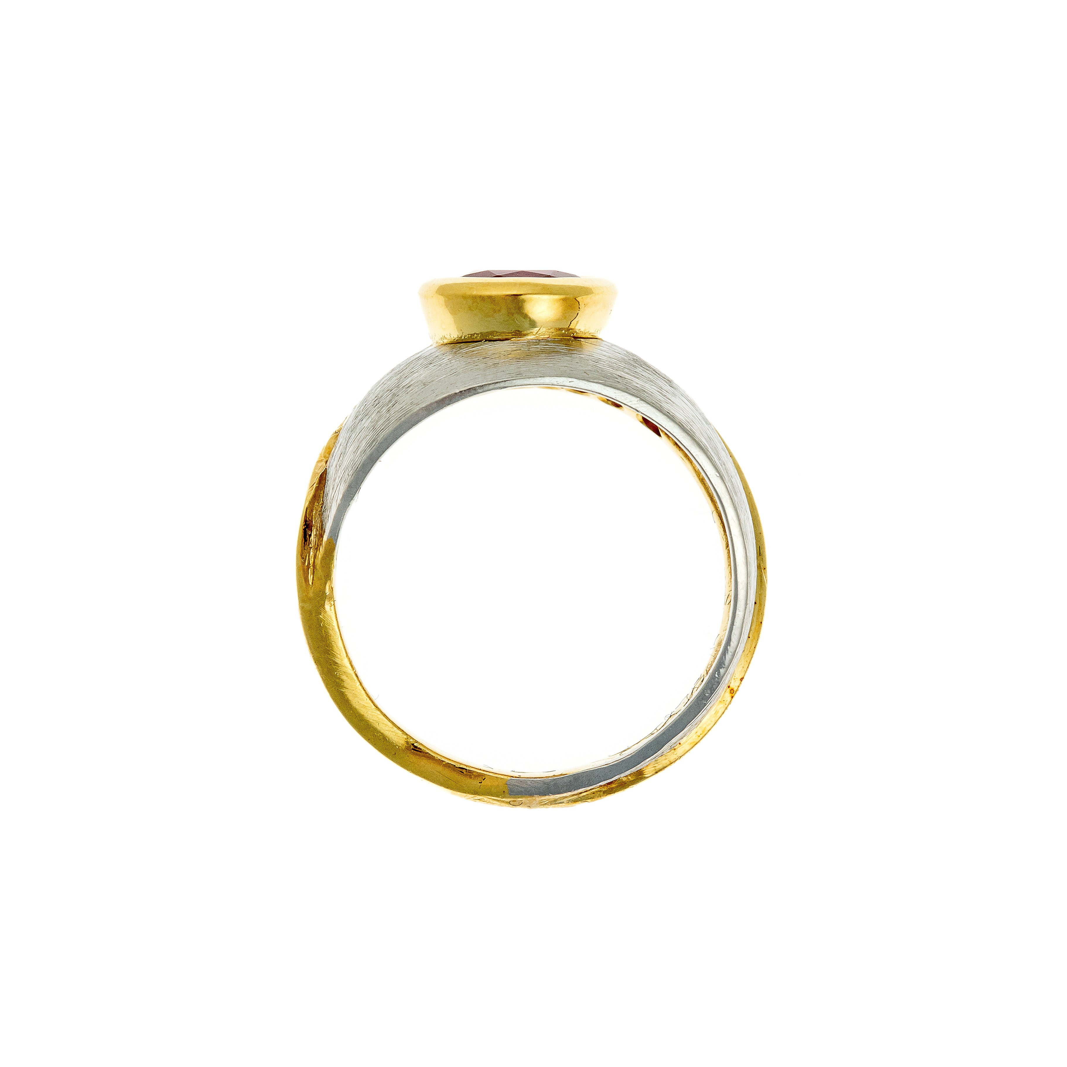 Profile view highlighting the wide shank and brushed platinum body with yellow gold accents.