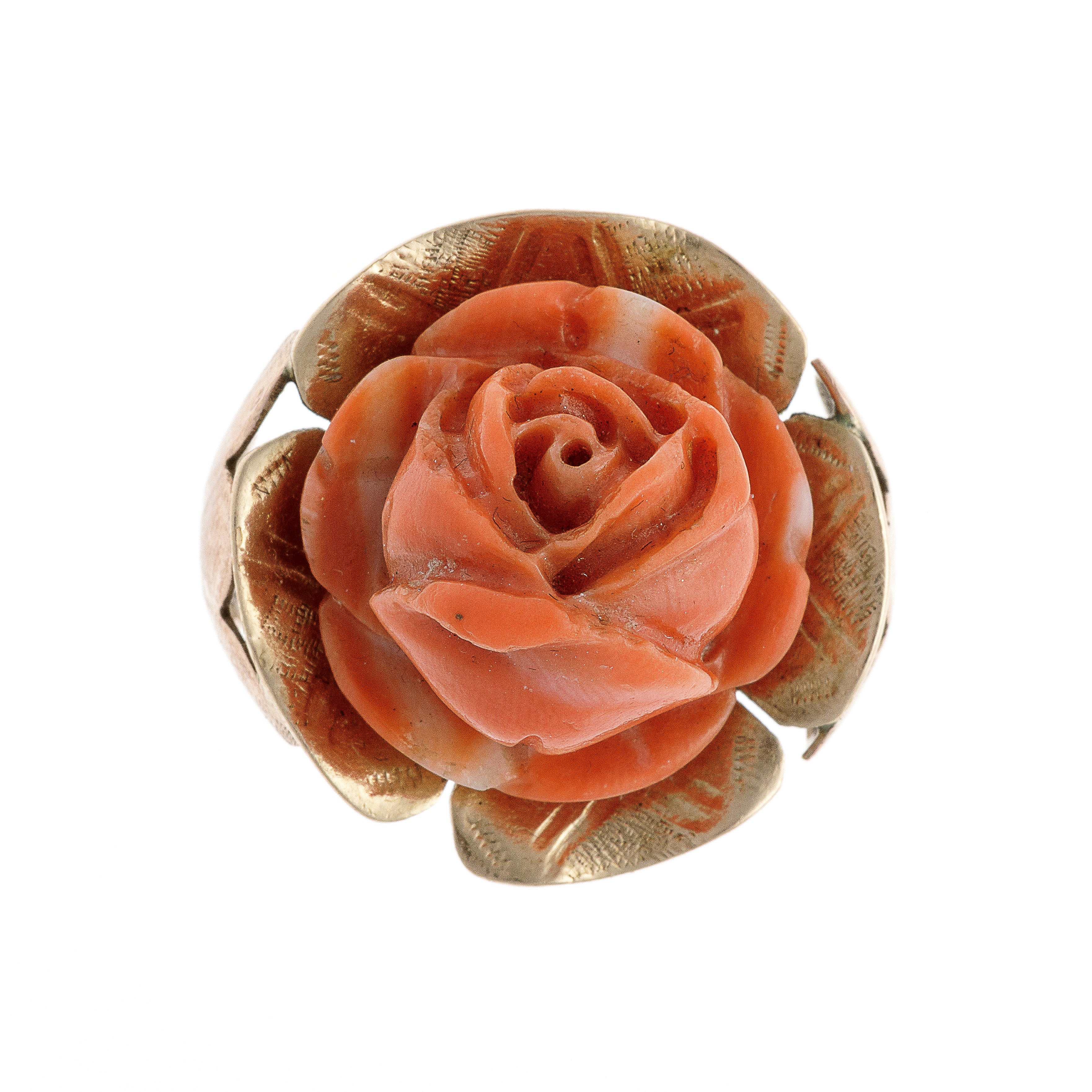 A vintage 14K gold ring featuring a sculpted pink coral rose centerpiece with intricate carved petals.
