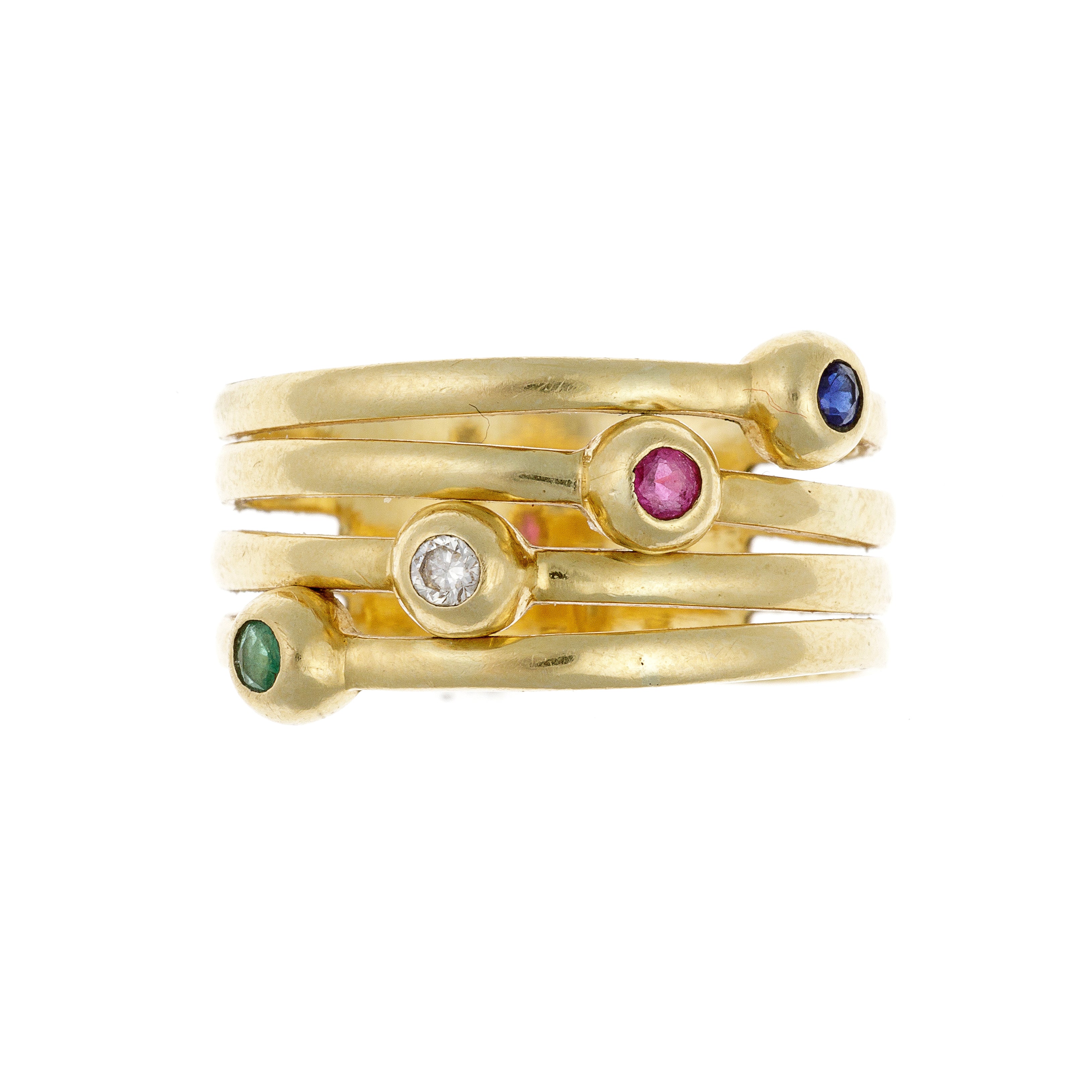 Vintage French 14K gold ring with bezel-set diamond, ruby, sapphire, and emerald.