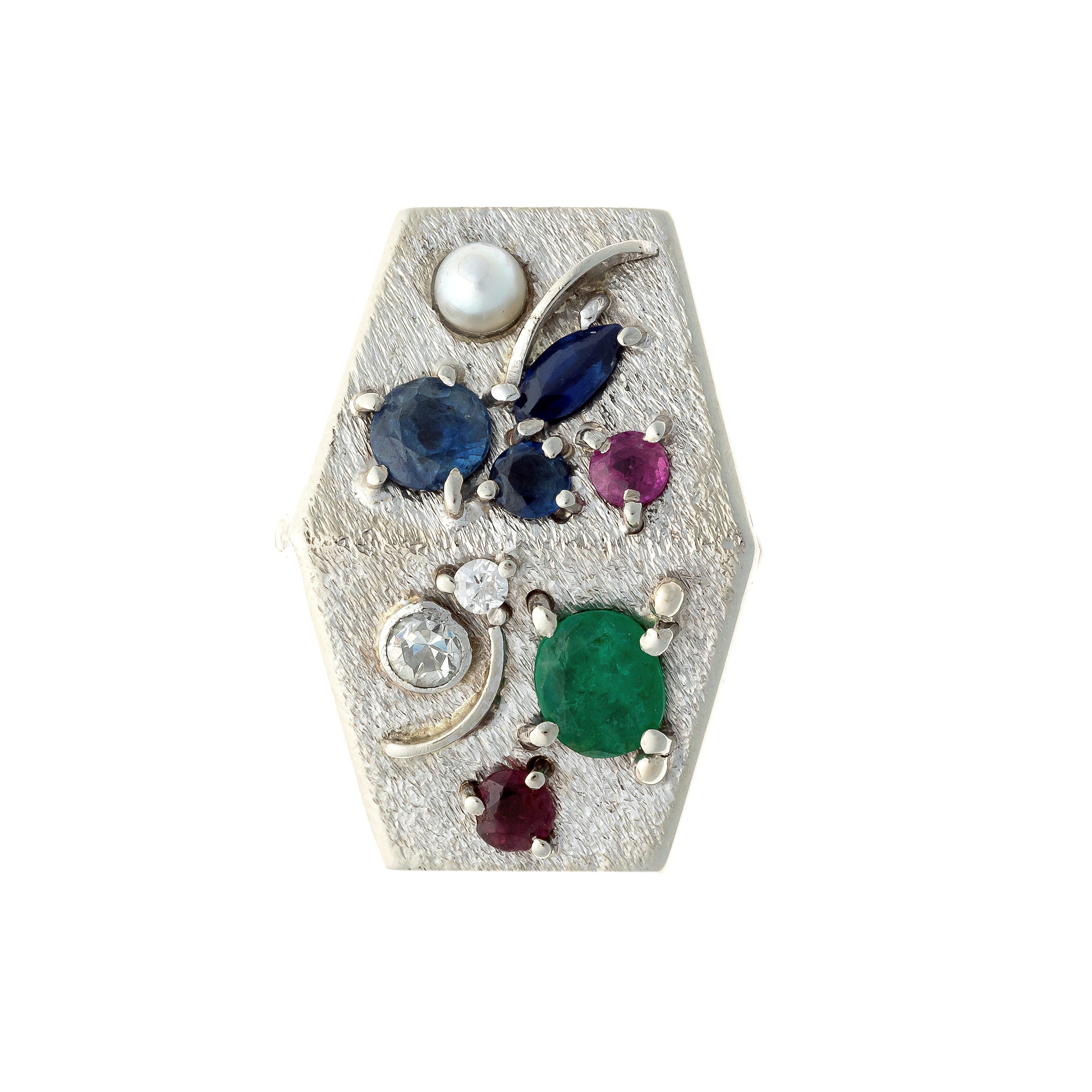 Top of the vintage Mid-Century modernist white gold multi-gem cocktail ring.