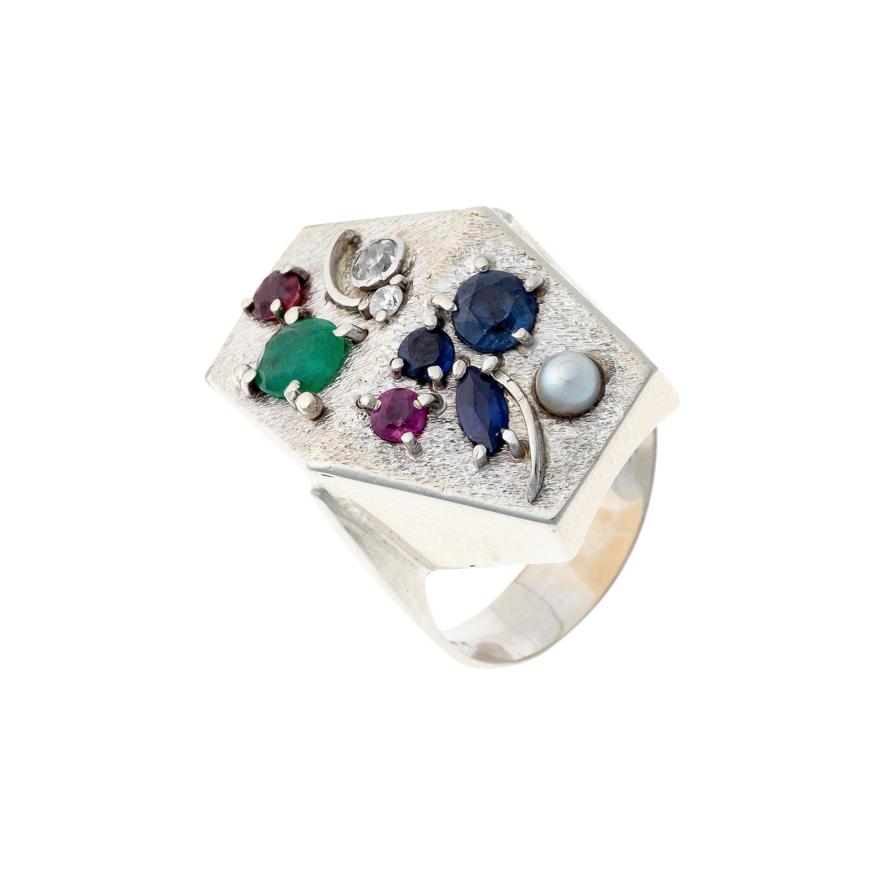 Vintage Mid-Century modernist white gold multi-gem cocktail ring.