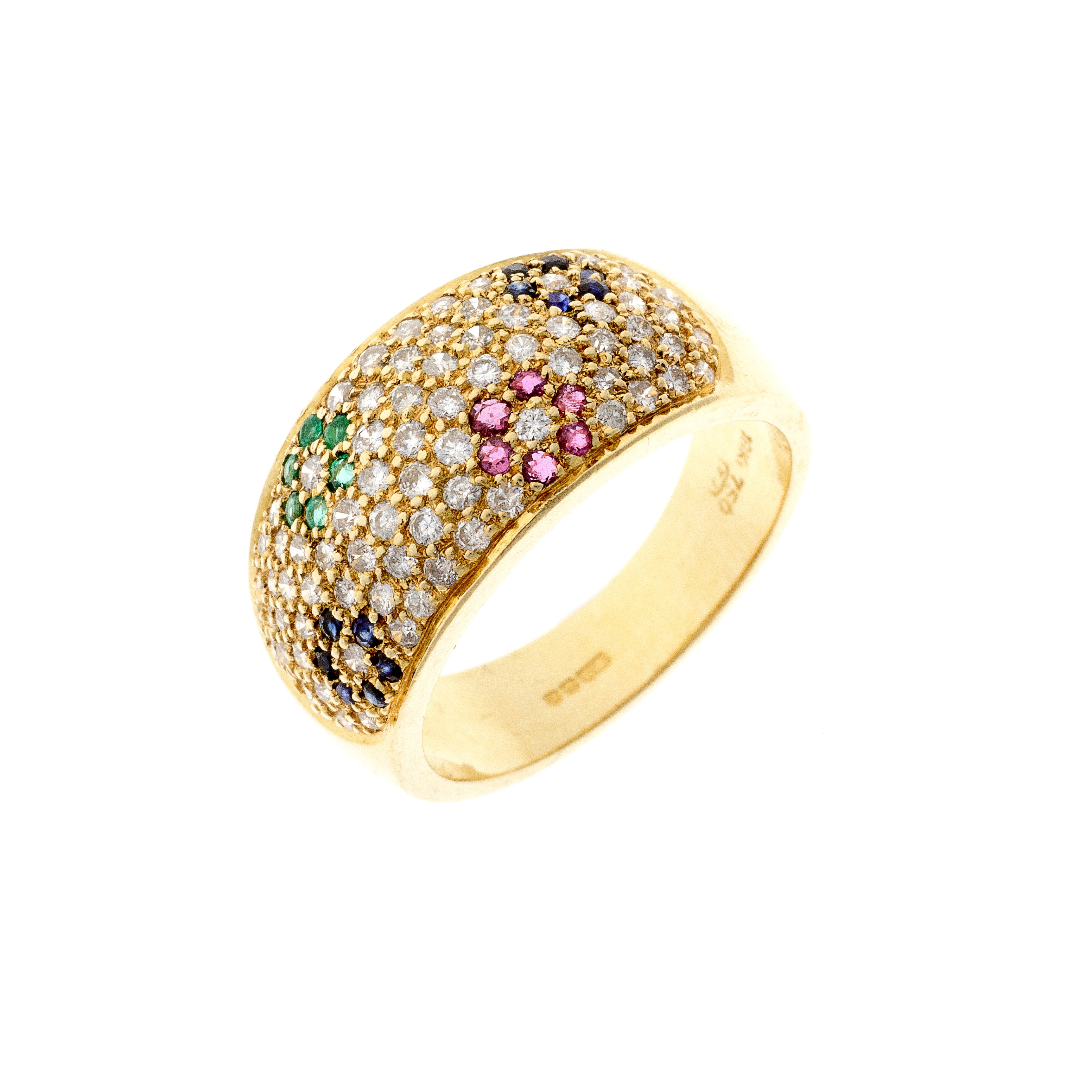 Angled view of French-crafted domed gold ring showcasing colored gemstones and brilliant-cut diamonds.