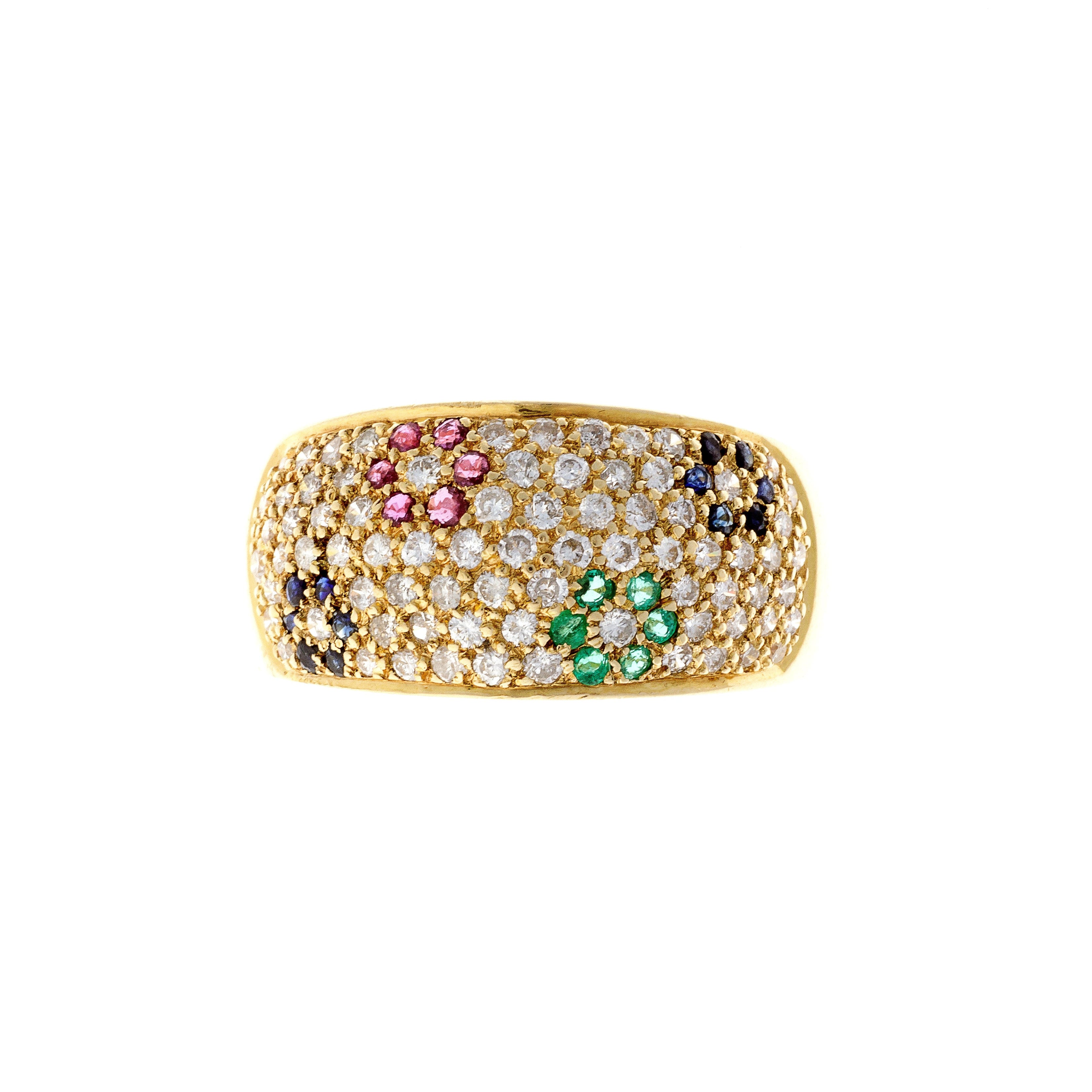 Vintage French 18K gold ring pavé-set with diamonds, rubies, sapphires, and emeralds in a modern domed design.