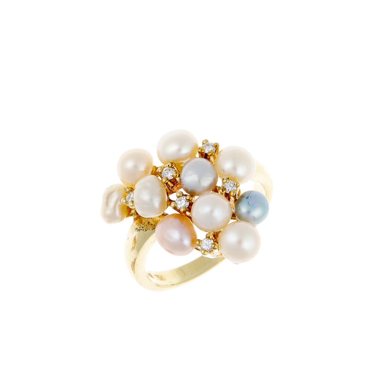 Angled view of 18K gold vintage ring with clustered freshwater pearls and diamonds.