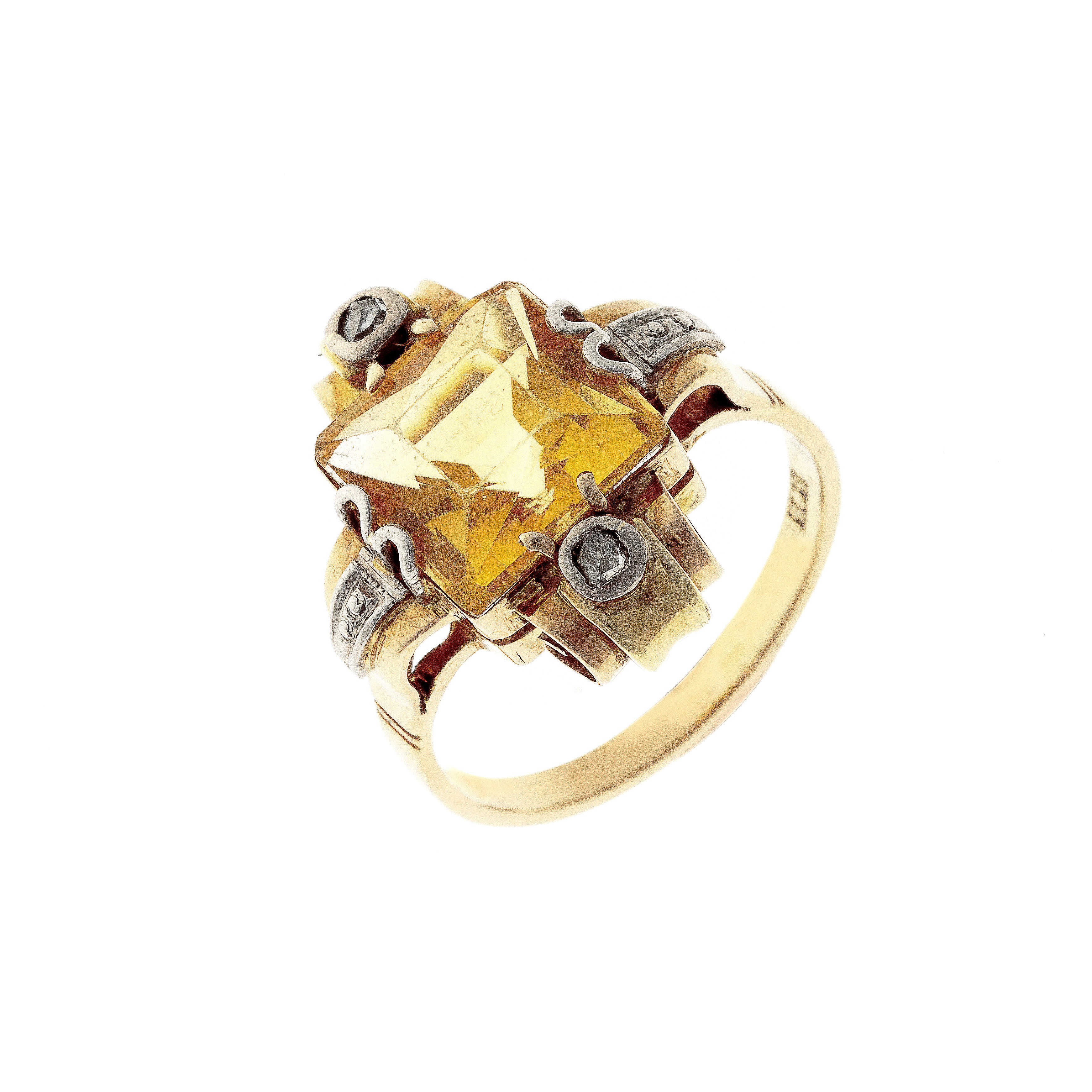 Vintage Retro gold cocktail ring with square citrine and rose-cut diamonds.